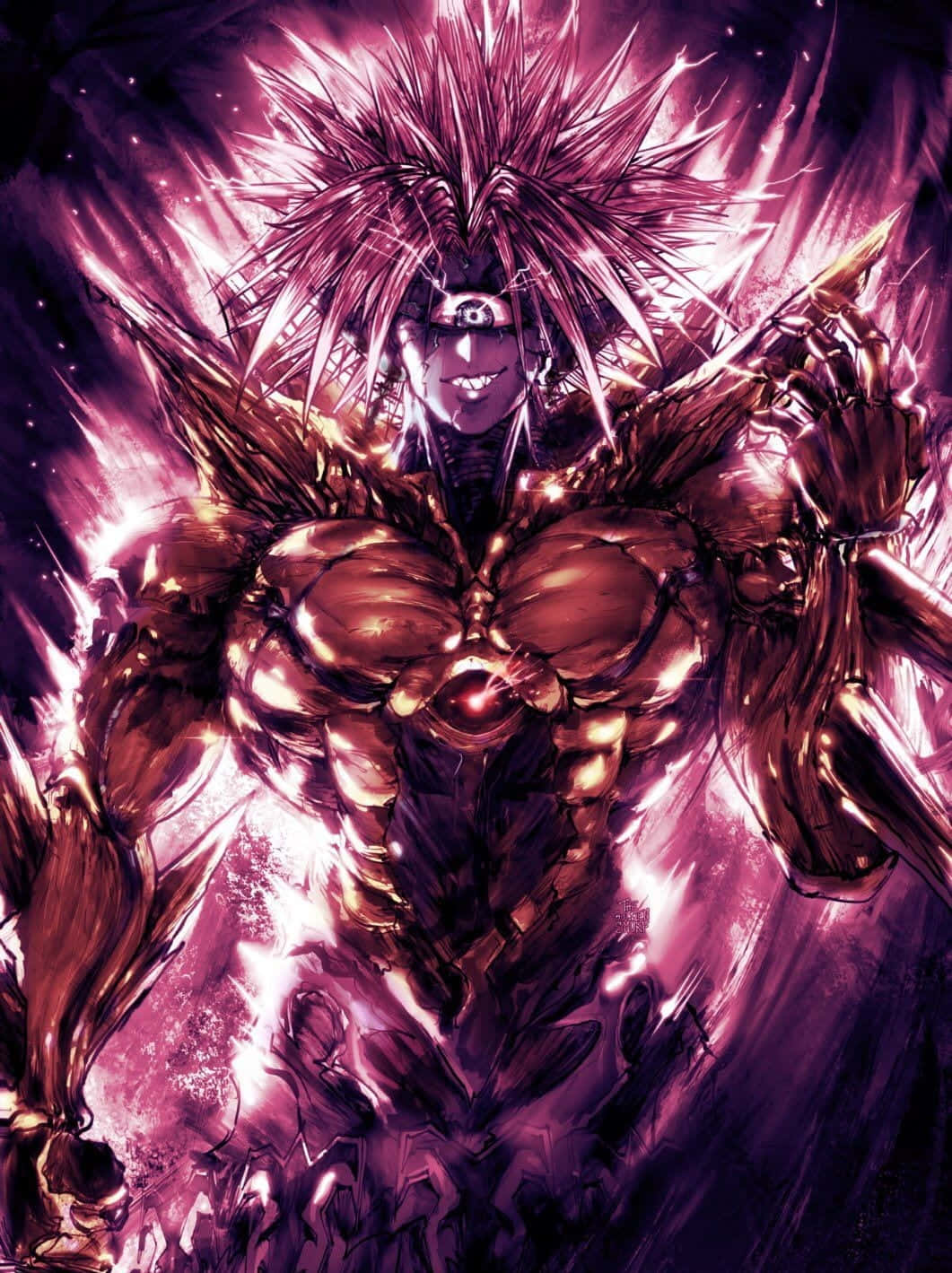 Lord Boros 桌布 壁紙 — 一個肌肉發達的動漫戰士，有著尖刺頭髮和發光的眼睛，在動態戰鬥姿勢中散發出強烈的紫色能量。