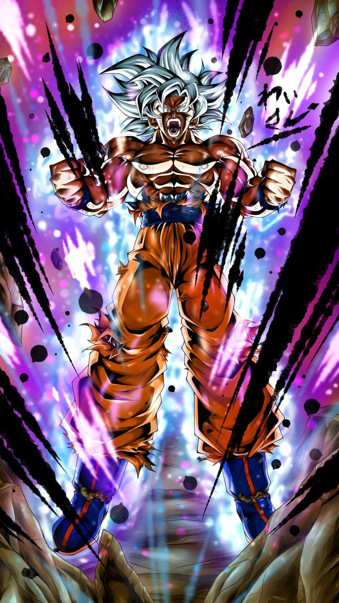 Mui Goku 桌布 壁紙 — 一個肌肉發達的動漫戰士，有著尖刺的白髮，在充滿活力的紫色和藍色能量爆發中咆哮。