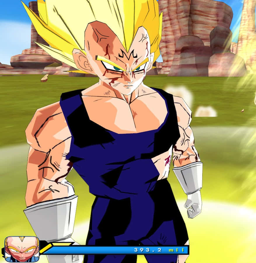 Dragon Ball Z Games 桌布 壁紙 — 一個肌肉發達的動漫戰士，有著尖刺的黃色頭髮和戰鬥傷疤，站在晴朗天空下的草地上。