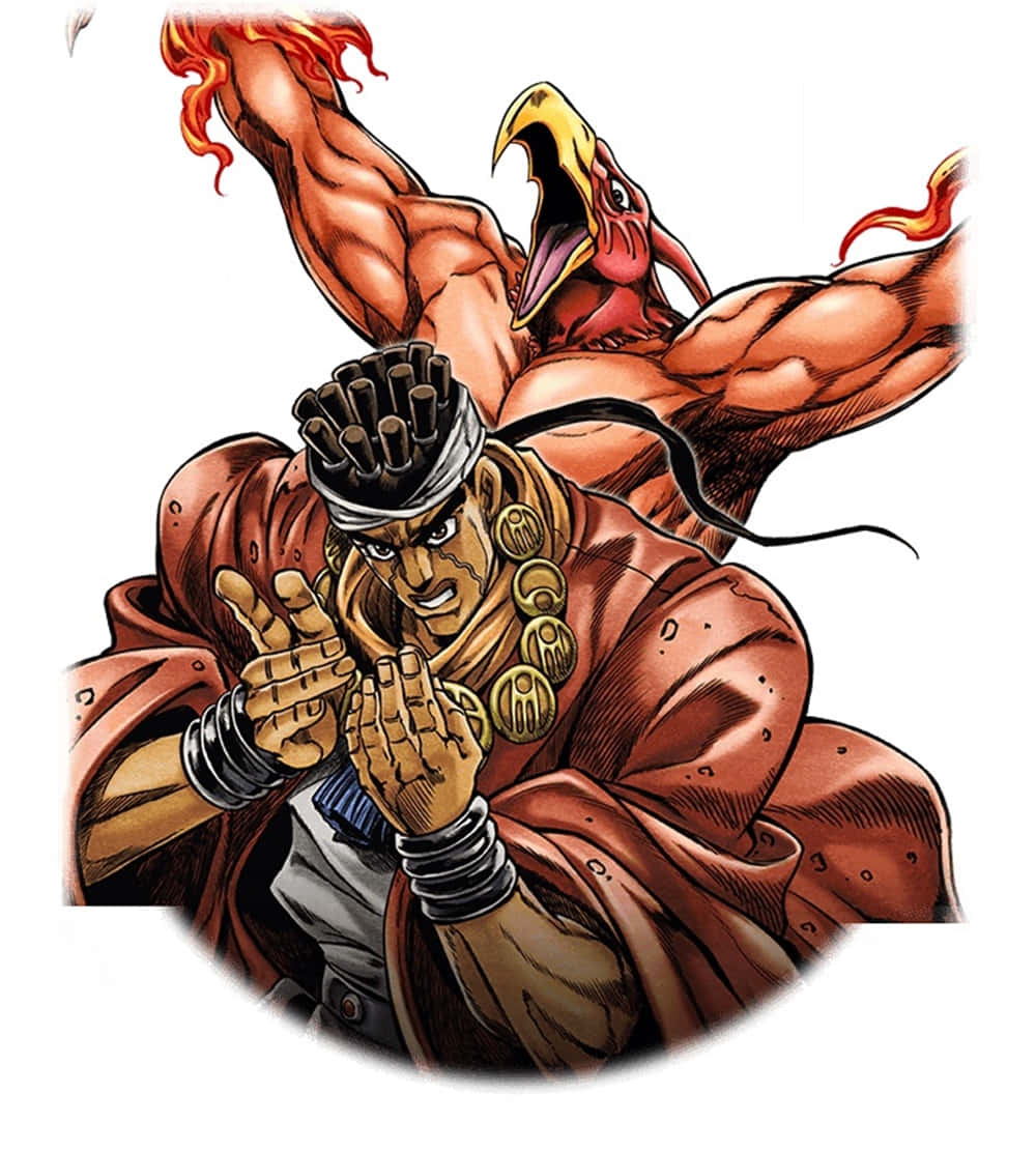 Muhammad Avdol 桌布 壁紙 — 一個肌肉發達的動漫戰士，有著火焰鳥頭和尖刺頭帶，在白色背景前擺出兇猛的姿勢。