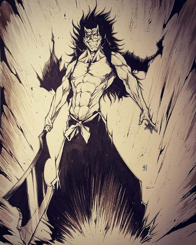 Kenpachi Zaraki 桌布 壁紙 — 一個肌肉發達的動漫戰士，有著狂野的頭髮和兇猛的笑容，動態地站在動態模糊的背景前。