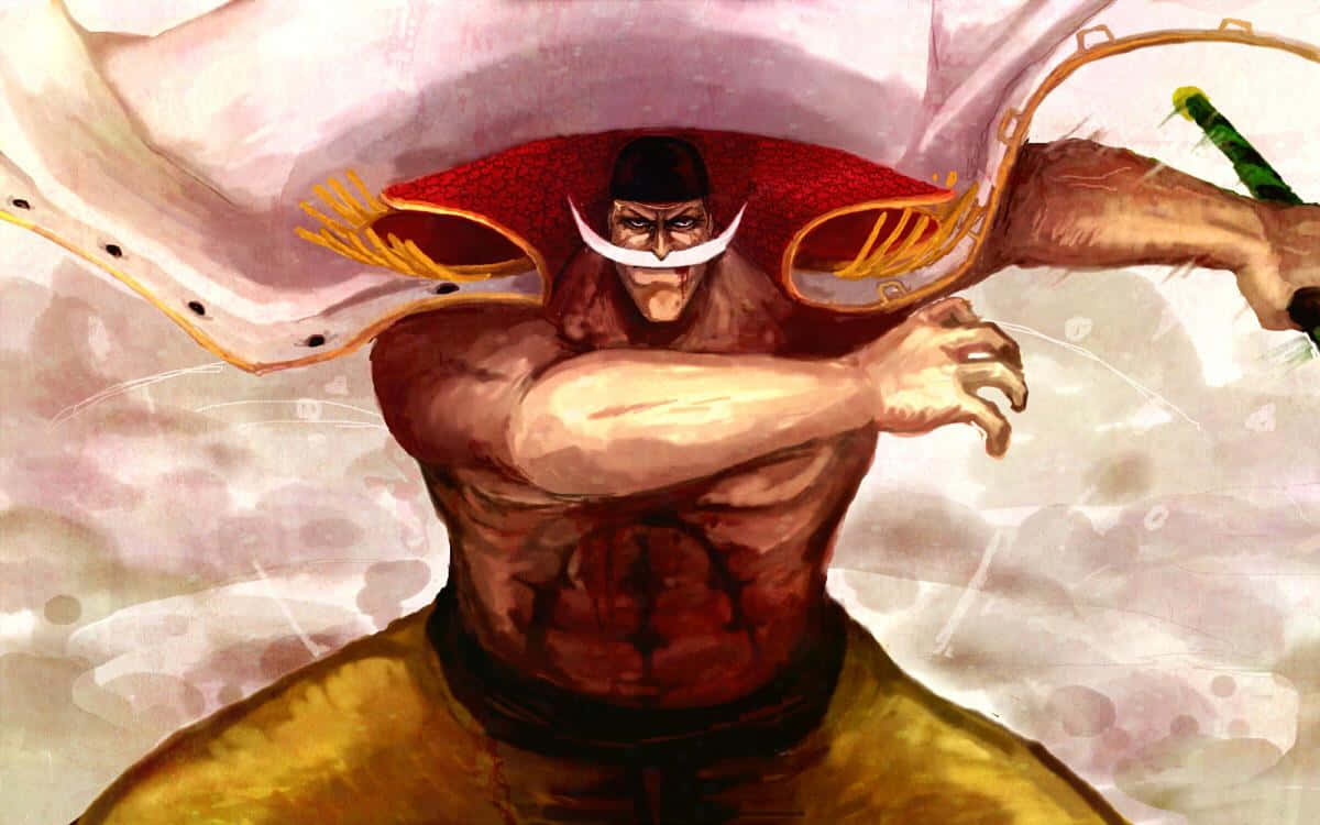 Edward Newgate 桌布 壁紙 — 一個肌肉發達的動漫戰士，留著白色鬍鬚，披著紅色斗篷，手持劍以動態戰鬥姿勢向前衝刺。