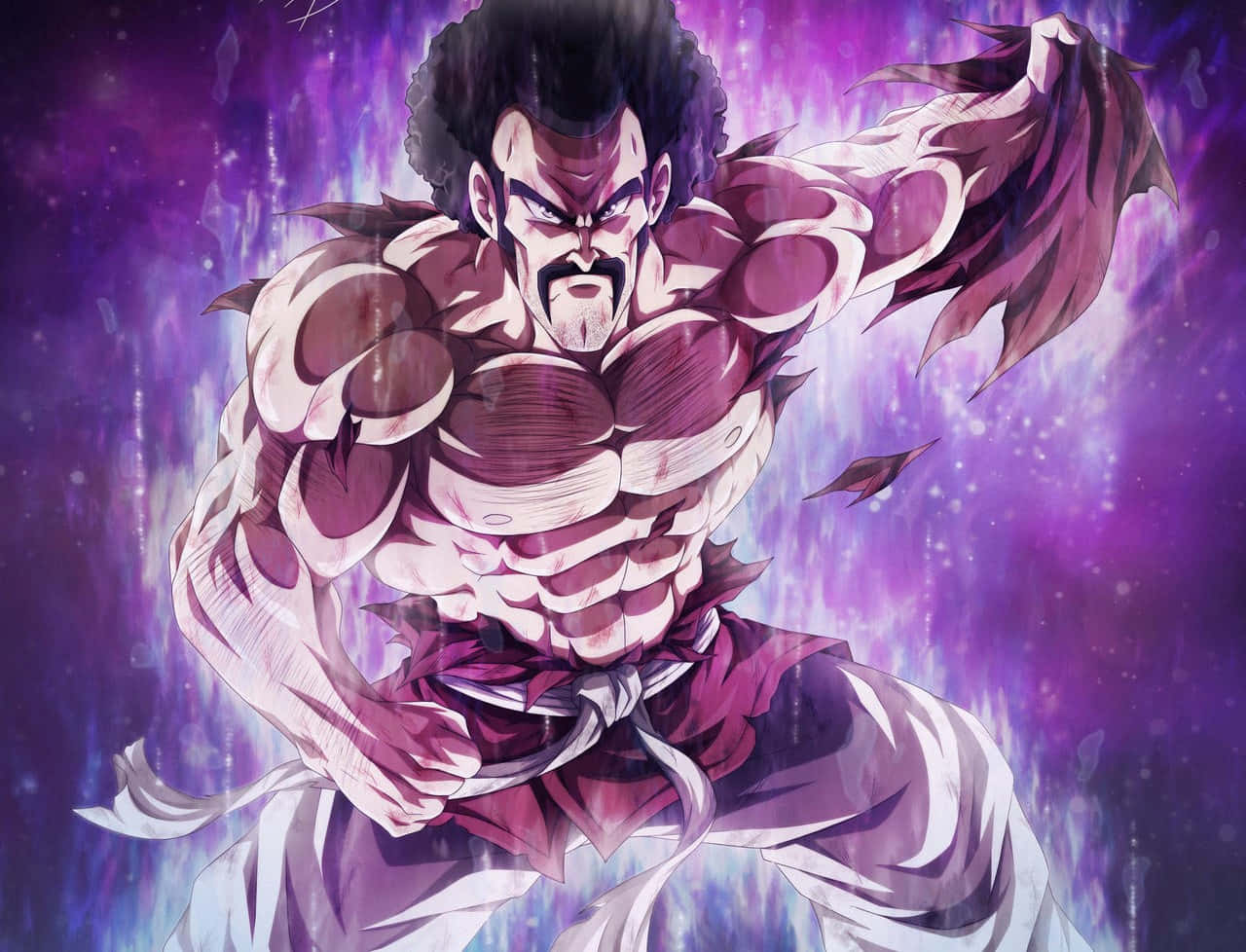 Hercule Satan 桌布 壁紙 — 一個肌肉發達的動漫戰士，留著非洲式髮型，表情強烈，在充滿活力的紫色宇宙背景下擺出強有力的姿勢。