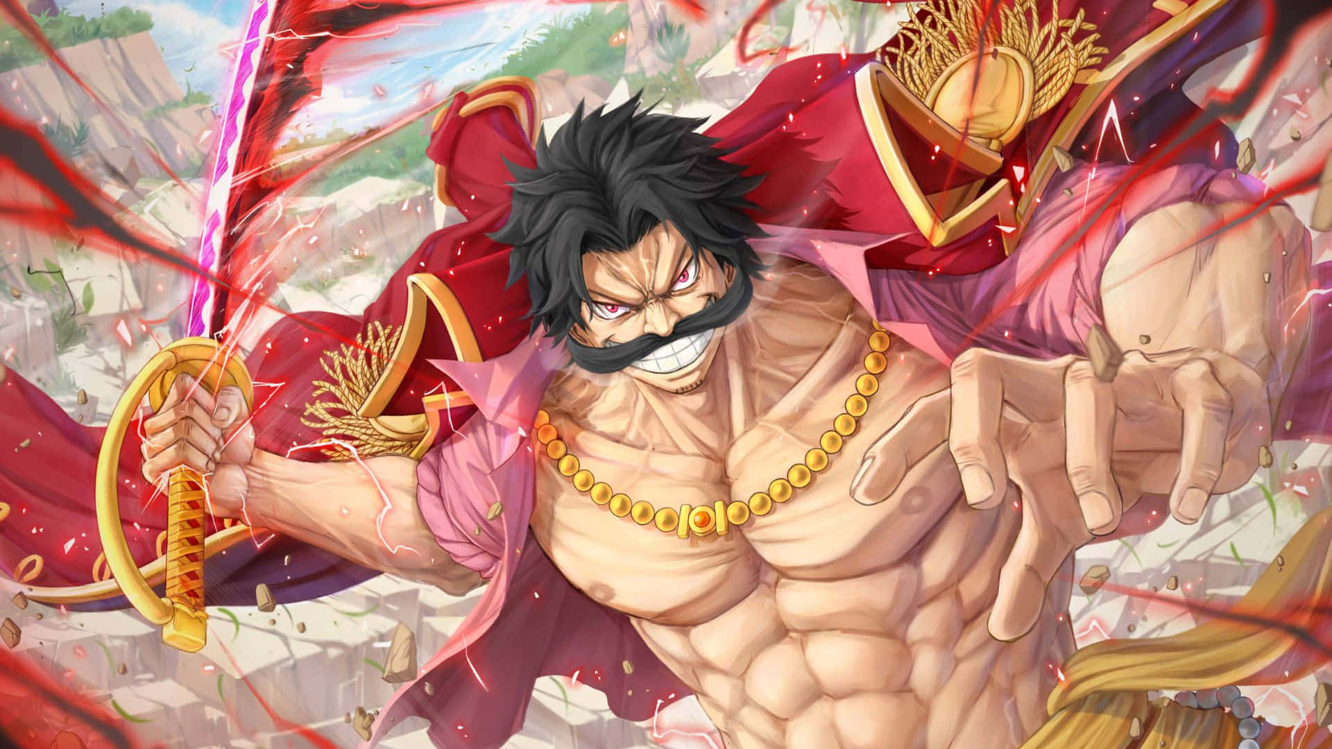 King Of The Pirates 桌布 壁紙 — 一個肌肉發達的動漫戰士，留著黑鬍子，披著紅色斗篷，在爆炸性的紅色能量中揮舞著發光的劍。
