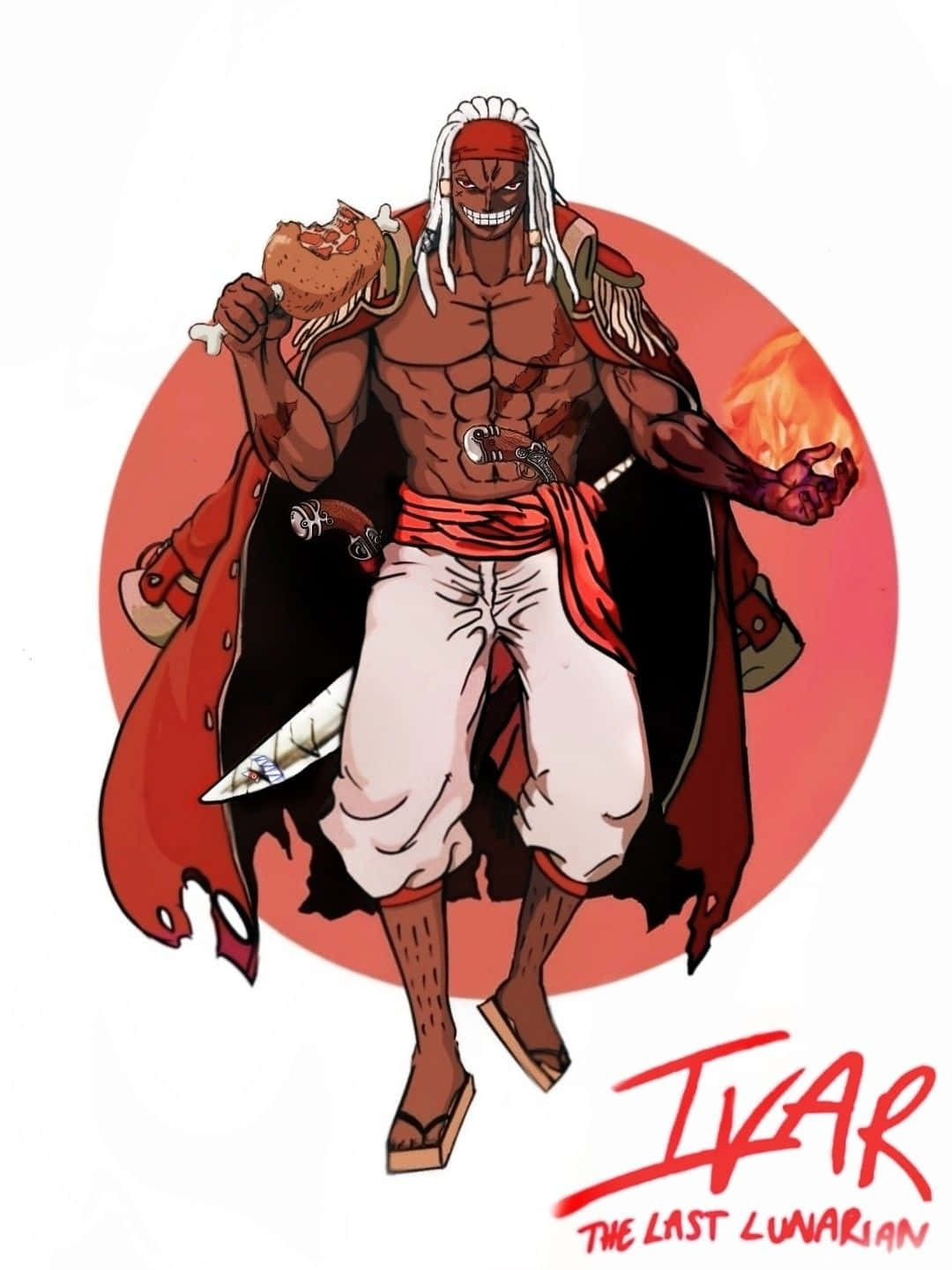 Yonko 桌布 壁紙 — 一個肌肉發達的動漫戰士，白色長辮和紅色頭巾，手持一個巨型漢堡，同時火焰從他的手中噴出，背景是火紅色的圓形。