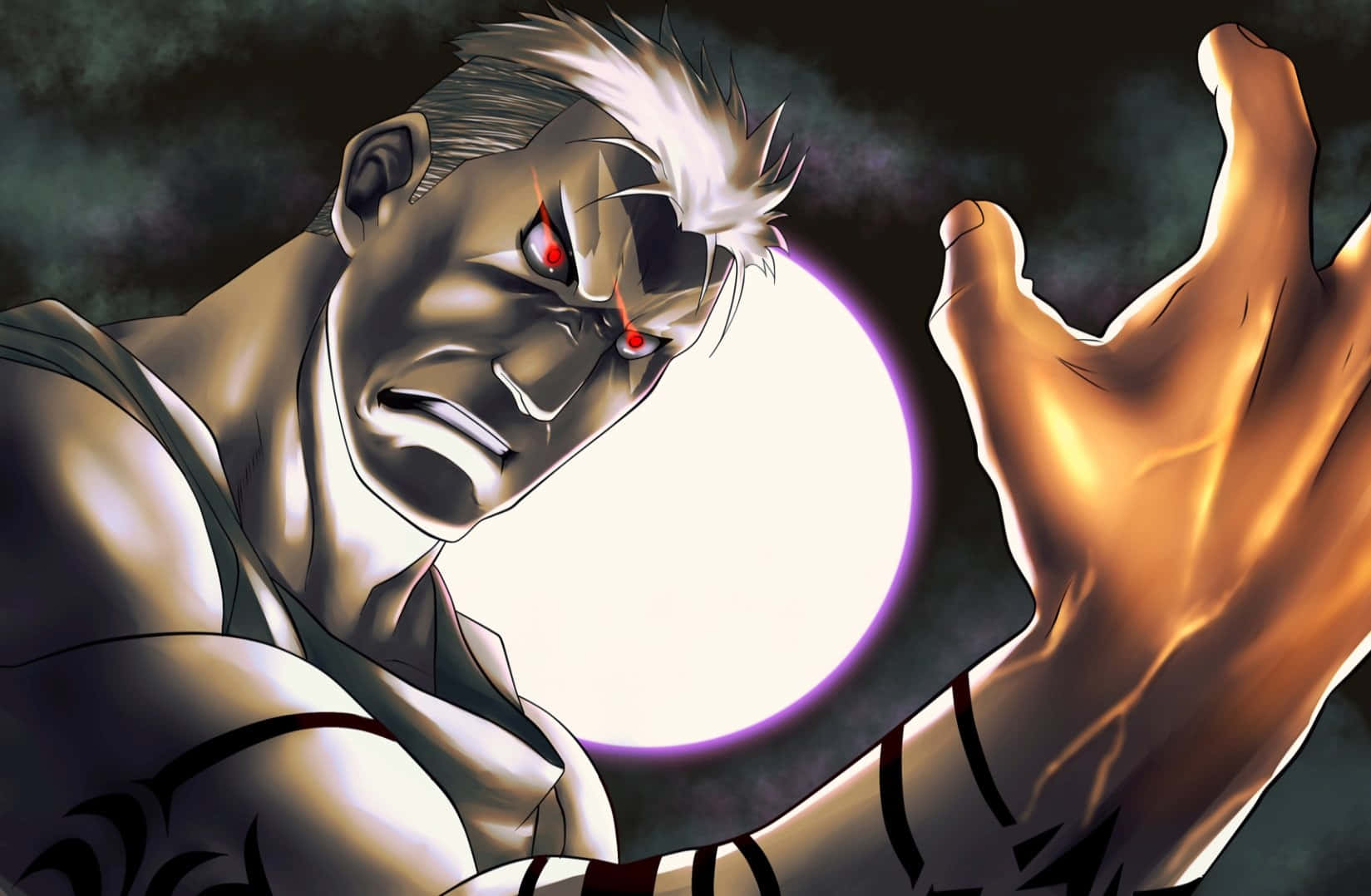 Fullmetal Alchemist Scar 桌布 壁紙 — 一個肌肉發達的動漫戰士，白髮紅眼，在陰暗多雲的背景前，透過伸出的手掌釋放能量。