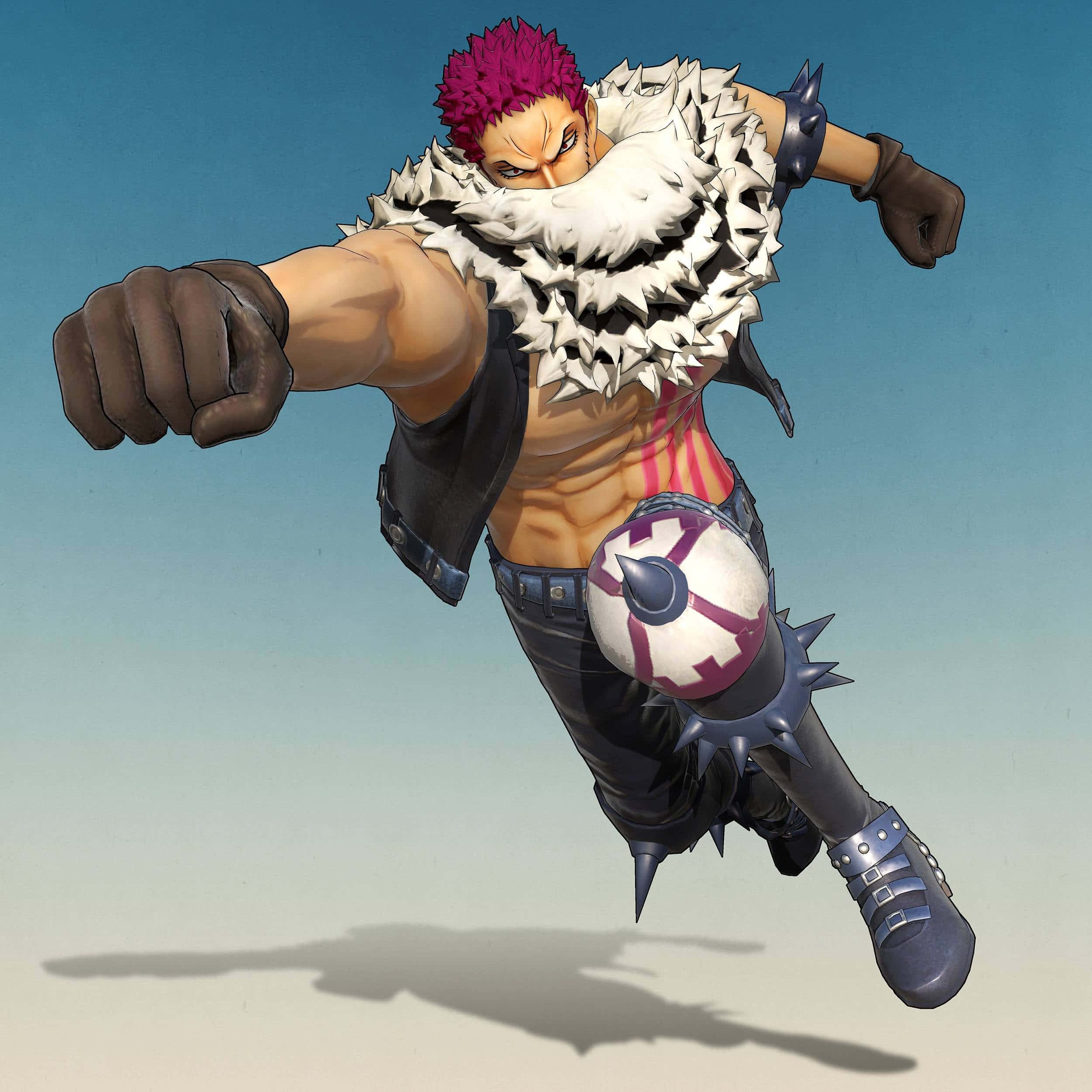 Charlotte Katakuri 桌布 壁紙 — 一個肌肉發達的動漫戰士，粉紅色頭髮，穿著尖刺盔甲，握緊拳頭，在漸變天空背景下向前躍進。