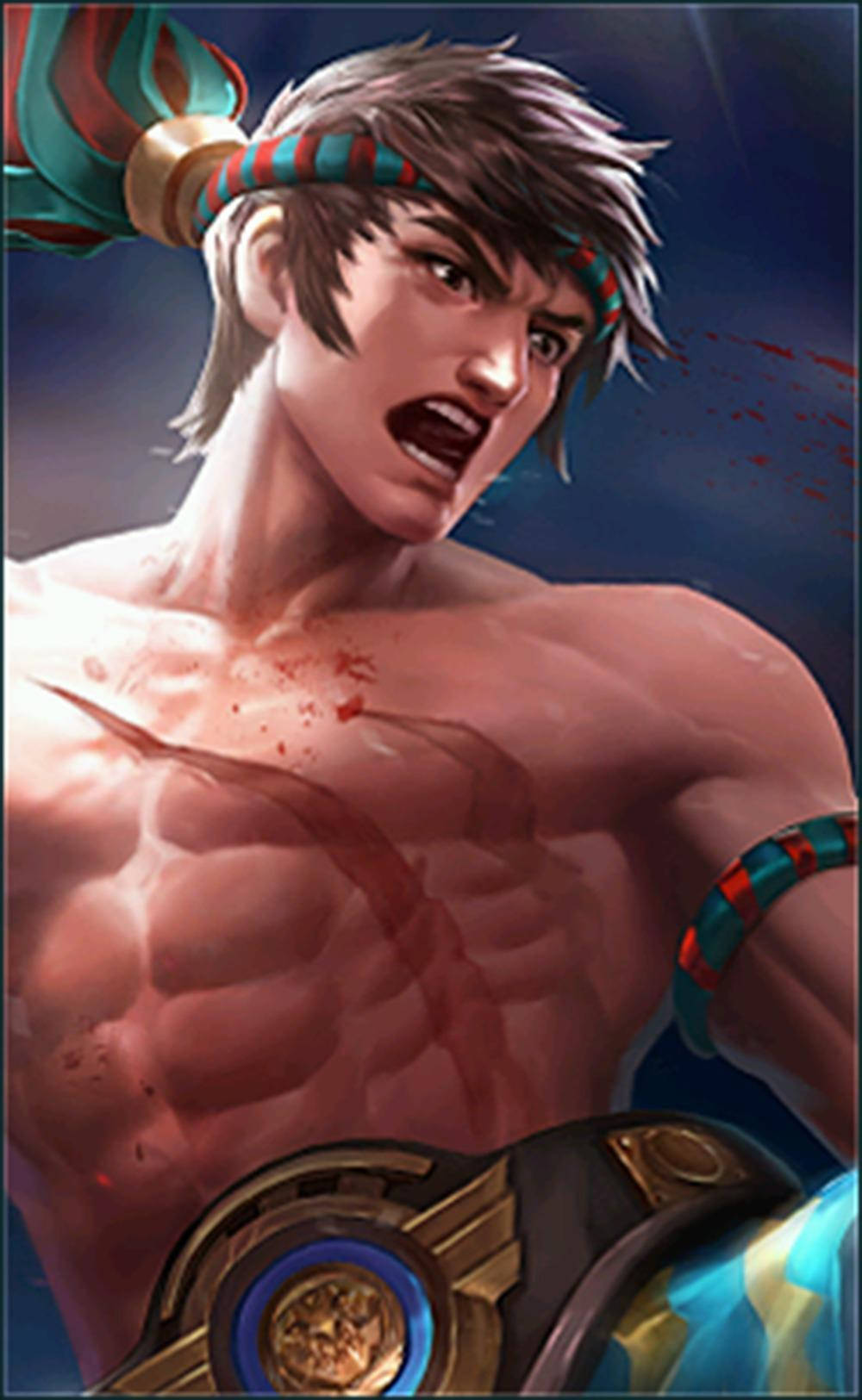 Mobile Legends 桌布 壁紙 — 一個肌肉發達的動漫戰士，胸口沾滿鮮血，表情兇猛，戴著部落頭飾和盔甲，背景是深藍色。