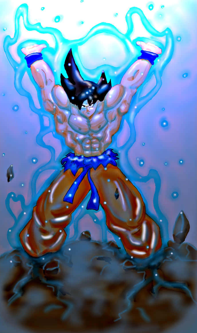 Goku's Spirit Bomb Sword 桌布 壁紙 — 一個肌肉發達的動漫戰士，豎起黑色尖刺頭髮，站在龜裂的大地上，雙臂高舉，藍色能量在他周圍湧動，姿勢充滿動感。