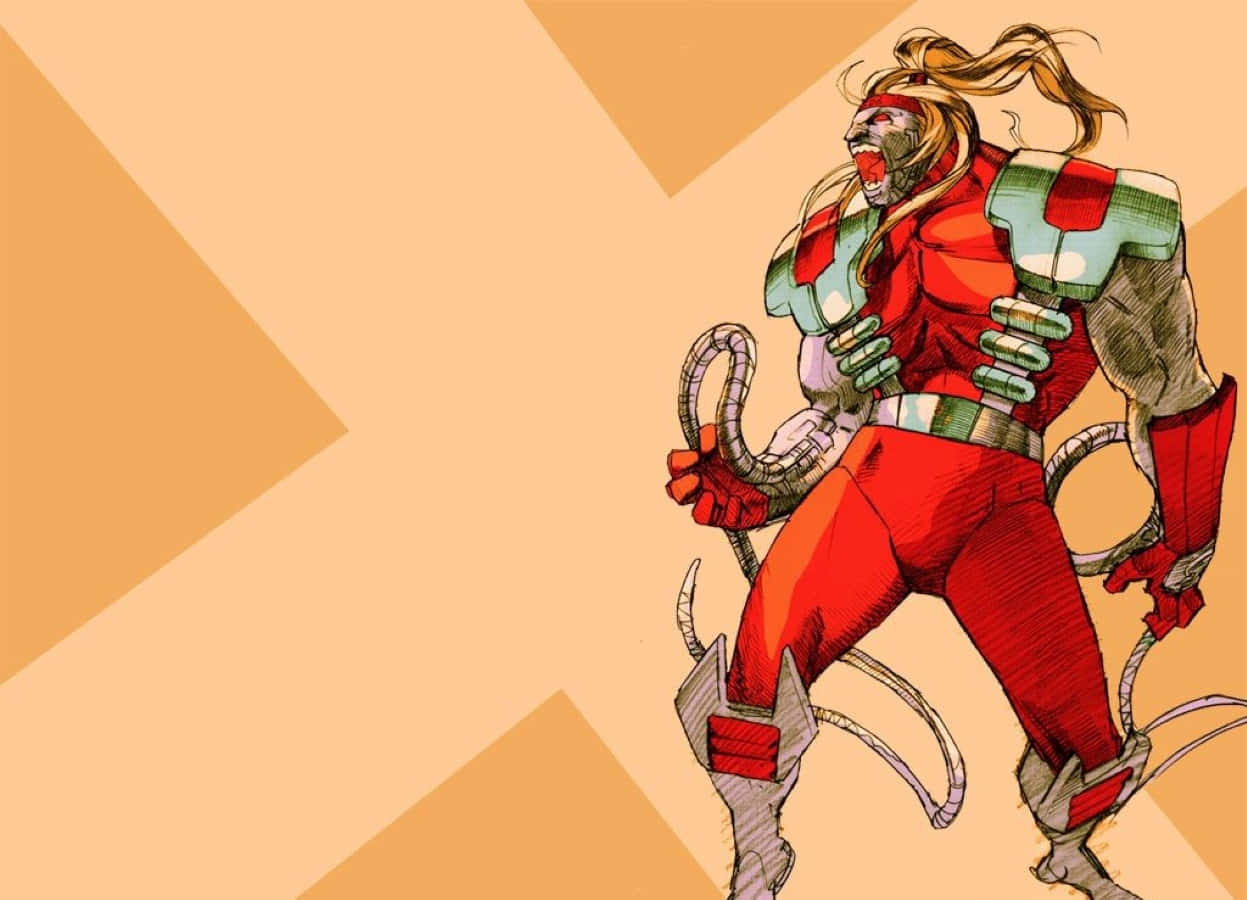 Omega Red 桌布 壁紙 — 一個肌肉發達的動漫戰士，身穿紅綠盔甲，在幾何橙色背景前咆哮，觸手在他周圍盤旋。