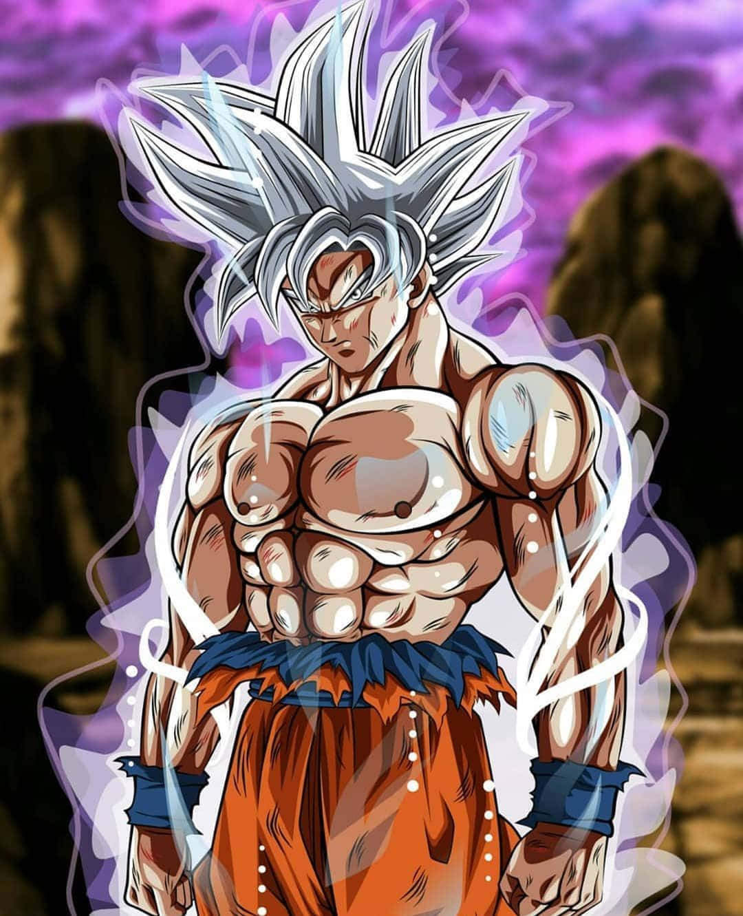 Mui Goku 桌布 壁紙 — 一個肌肉發達的動漫戰士，銀色尖刺頭髮和橙色道服，在紫色暴風雨的天空下強力站立。