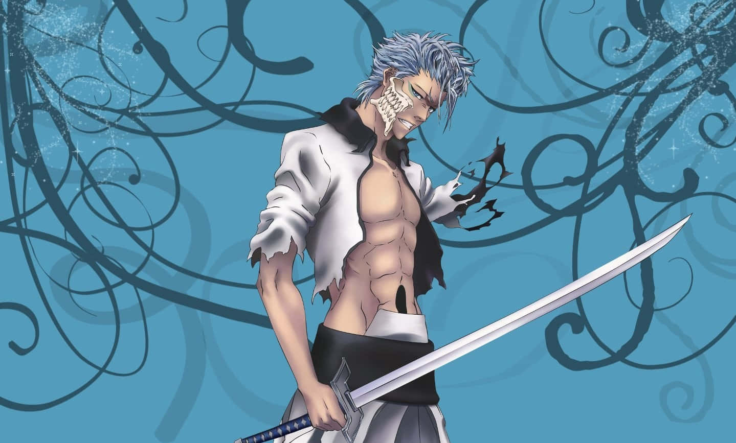 Grimmjow Jaegerjaquez 桌布 壁紙 — 一個肌肉發達的動漫戰士，銀色頭髮，戴著骷髏面具，在旋轉的藍色背景中揮舞著劍。