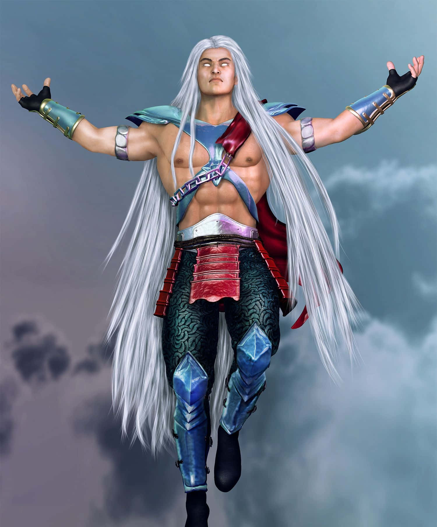 Mortal Kombat Fujin 桌布 壁紙 — 一個肌肉發達的動漫戰士，長長的白髮，在陰天中漂浮，穿著藍色和紅色的盔甲。