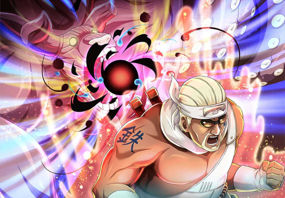 Gyuki 桌布 壁紙 — 一個肌肉發達的動漫戰士，頭戴頭帶，身上有漢字紋身，在充滿活力的宇宙背景下咆哮著釋放出旋轉的紅色查克拉球。