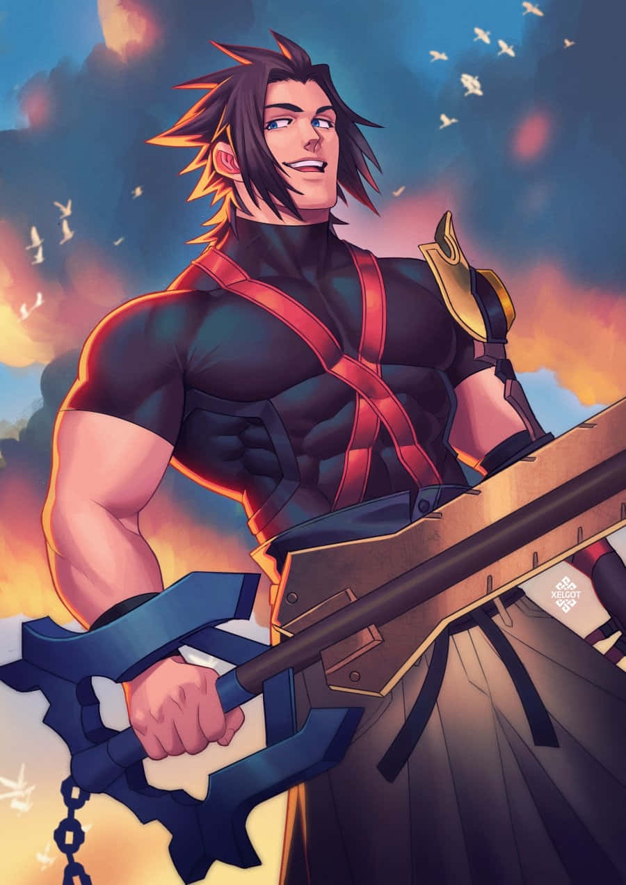 Kingdom Hearts Terra 桌布 壁紙 — 一個肌肉發達的動漫戰士，頭髮尖刺，揮舞著一把巨大的鑰刃，背景是火紅的夕陽天空，鳥兒在飛翔。
