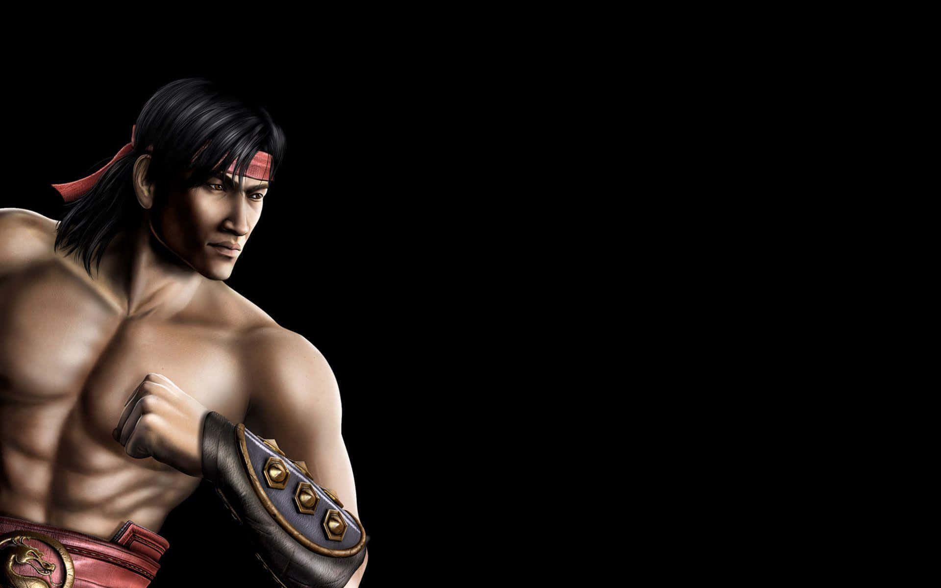 Mortal Kombat Characters 桌布 壁紙 — 一個肌肉發達的動漫戰士，黑髮紅頭帶，在黑色背景前擺出戰鬥姿勢。
