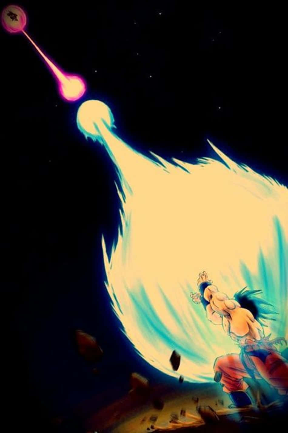 Goku's Spirit Bomb Sword 桌布 壁紙 — 一個肌肉發達的動漫戰士在黑暗星空和漂浮碎片中釋放出巨大的發光能量爆炸。