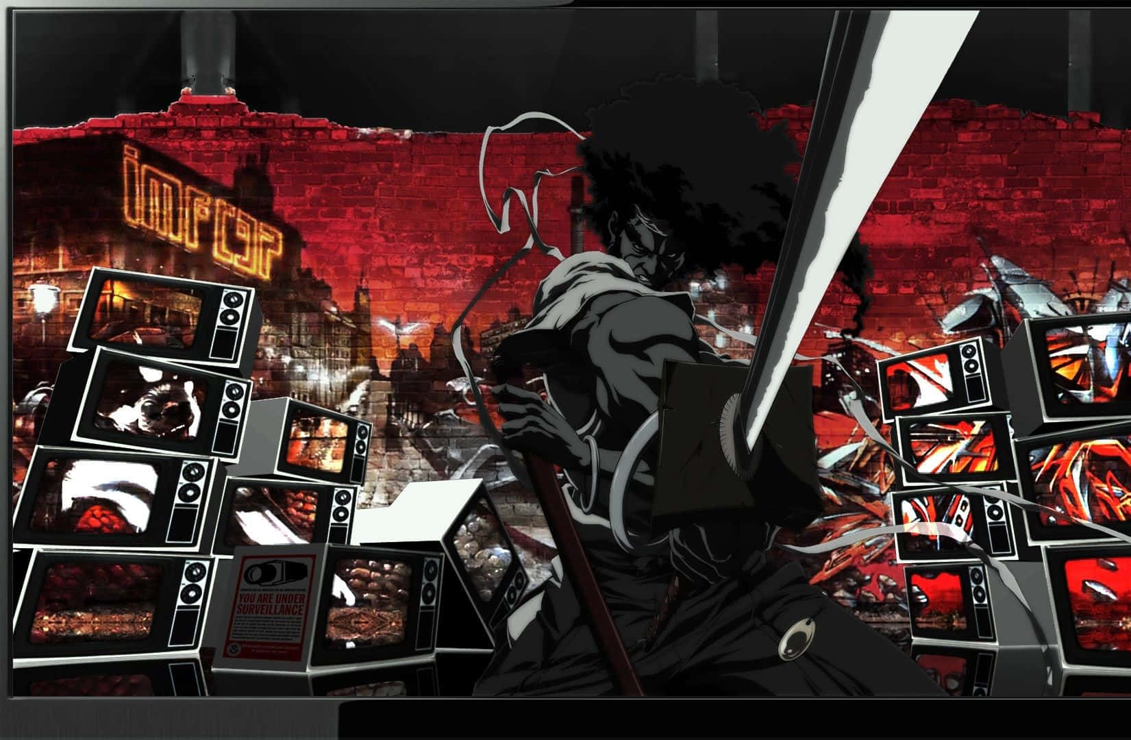 Afro Samurai 桌布 壁紙 — 一個肌肉發達的動漫戰士手持劍，在破碎的電視機中挑釁地站立，電視機顯示著混亂的場景，背景是燃燒的磚牆。