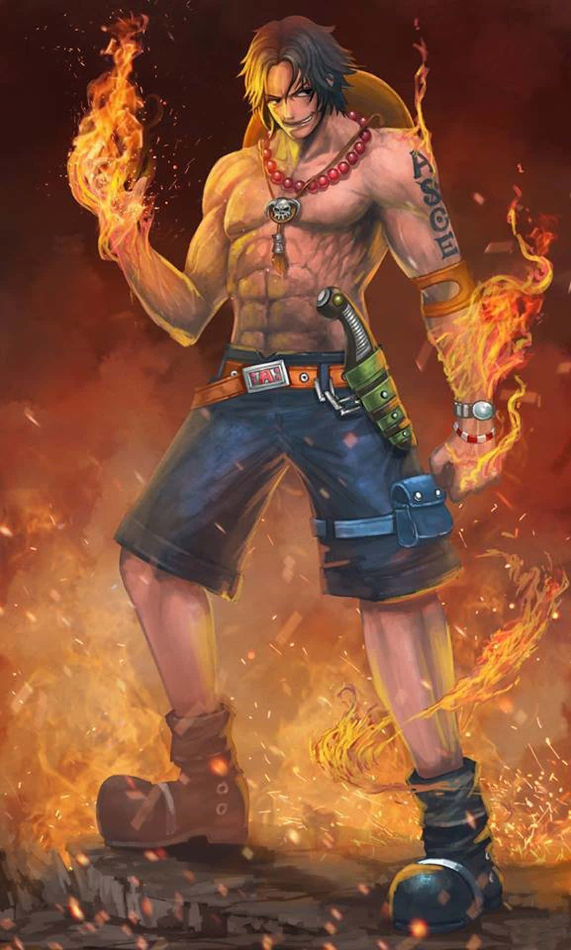 portgas d ace 桌布 壁紙 — 一個肌肉發達的動漫戰士挑釁地站立，火焰從他的手和身體噴出，背景是熾熱的。