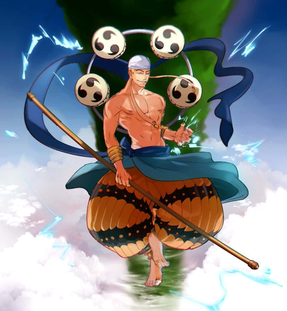 One Piece Enel 桌布 壁紙 — 一個肌肉發達的動漫戰士漂浮在雲端之上，揮舞著一根帶有三個發光球體的杖，藍色能量在他周圍噼啪作響。