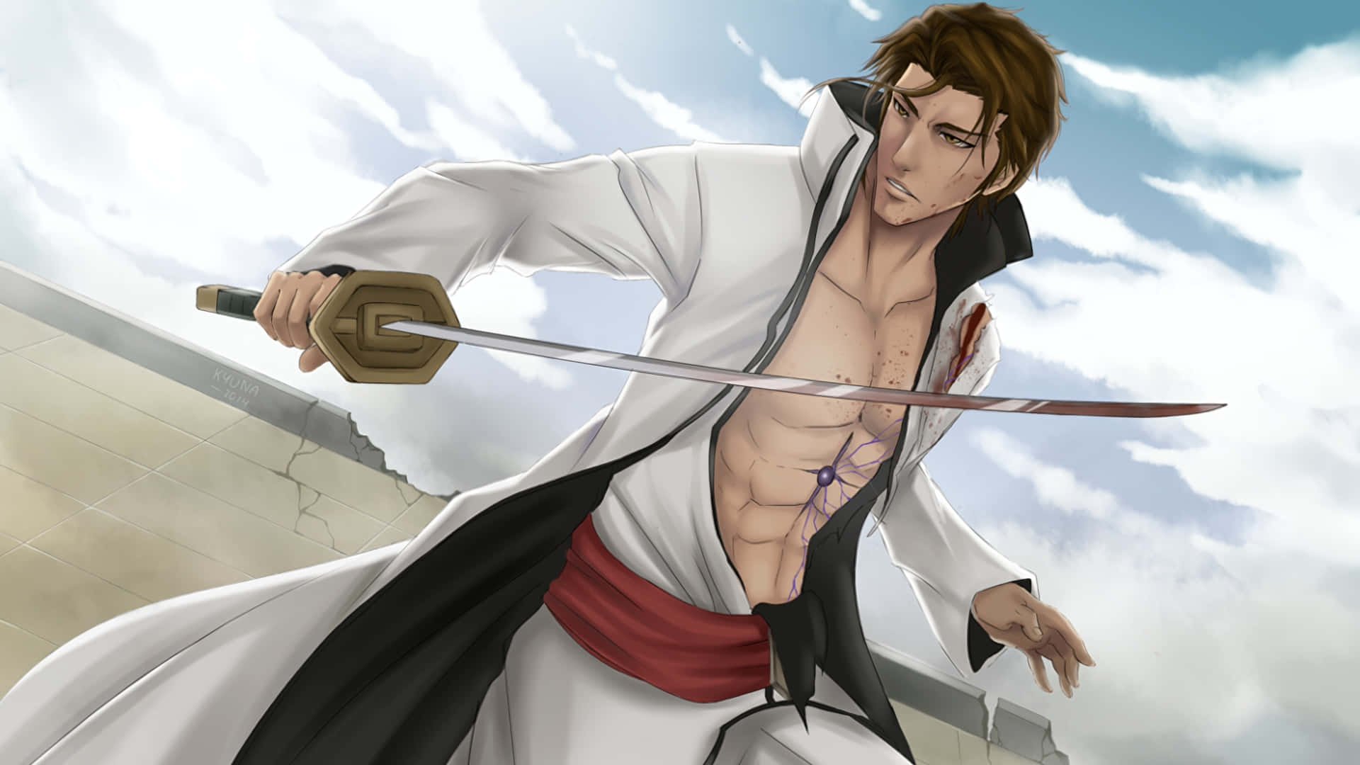 Sosuke Aizen 桌布 壁紙 — 一個肌肉發達的動漫戰士穿著破爛的白色外套，在陰雲密佈的天空下揮舞著劍，身上有明顯的傷痕。
