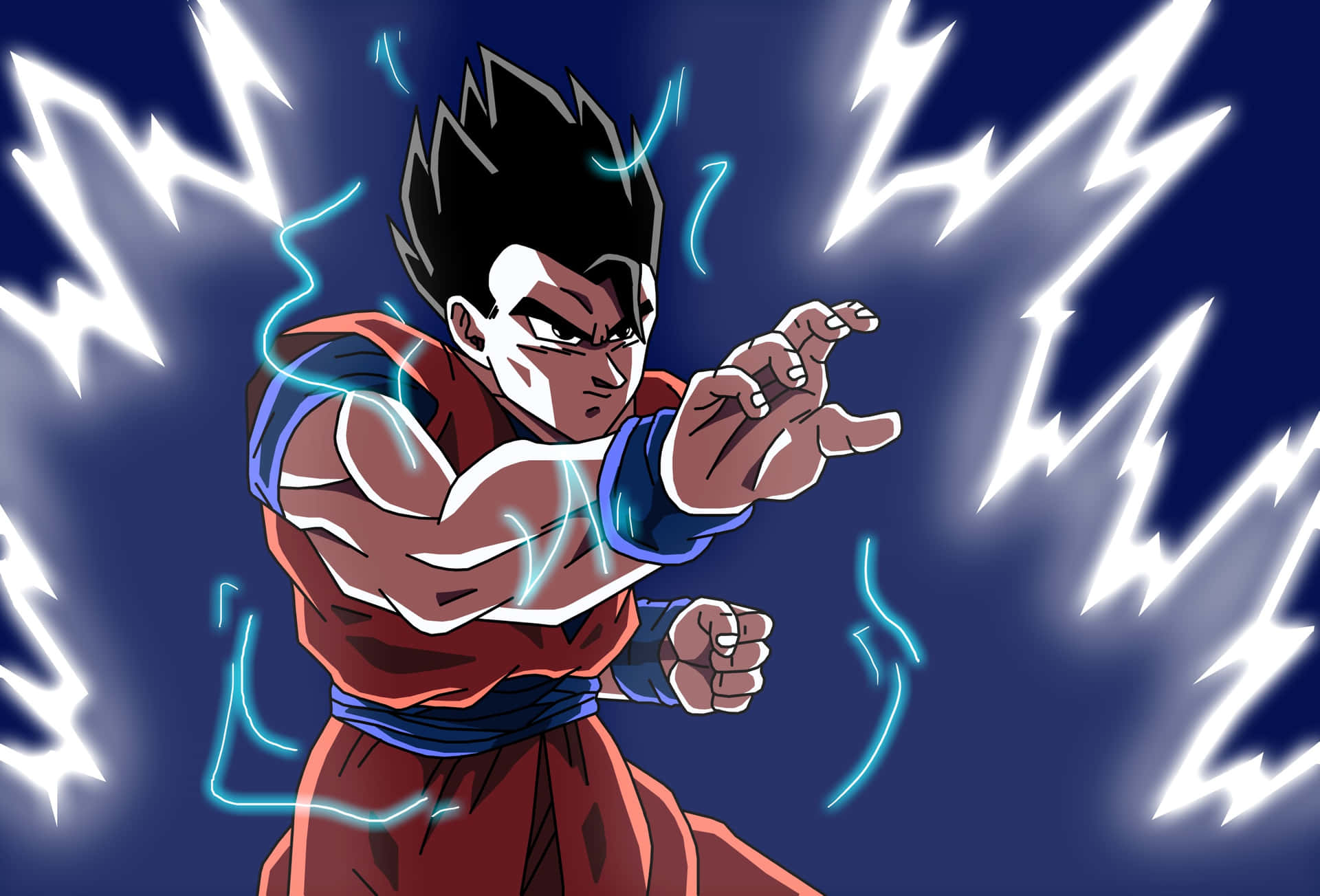 Mystic Gohan 桌布 壁紙 — 一個肌肉發達的動漫戰士穿著紅色道服，在深藍色背景下集中精神引導藍色閃電能量。