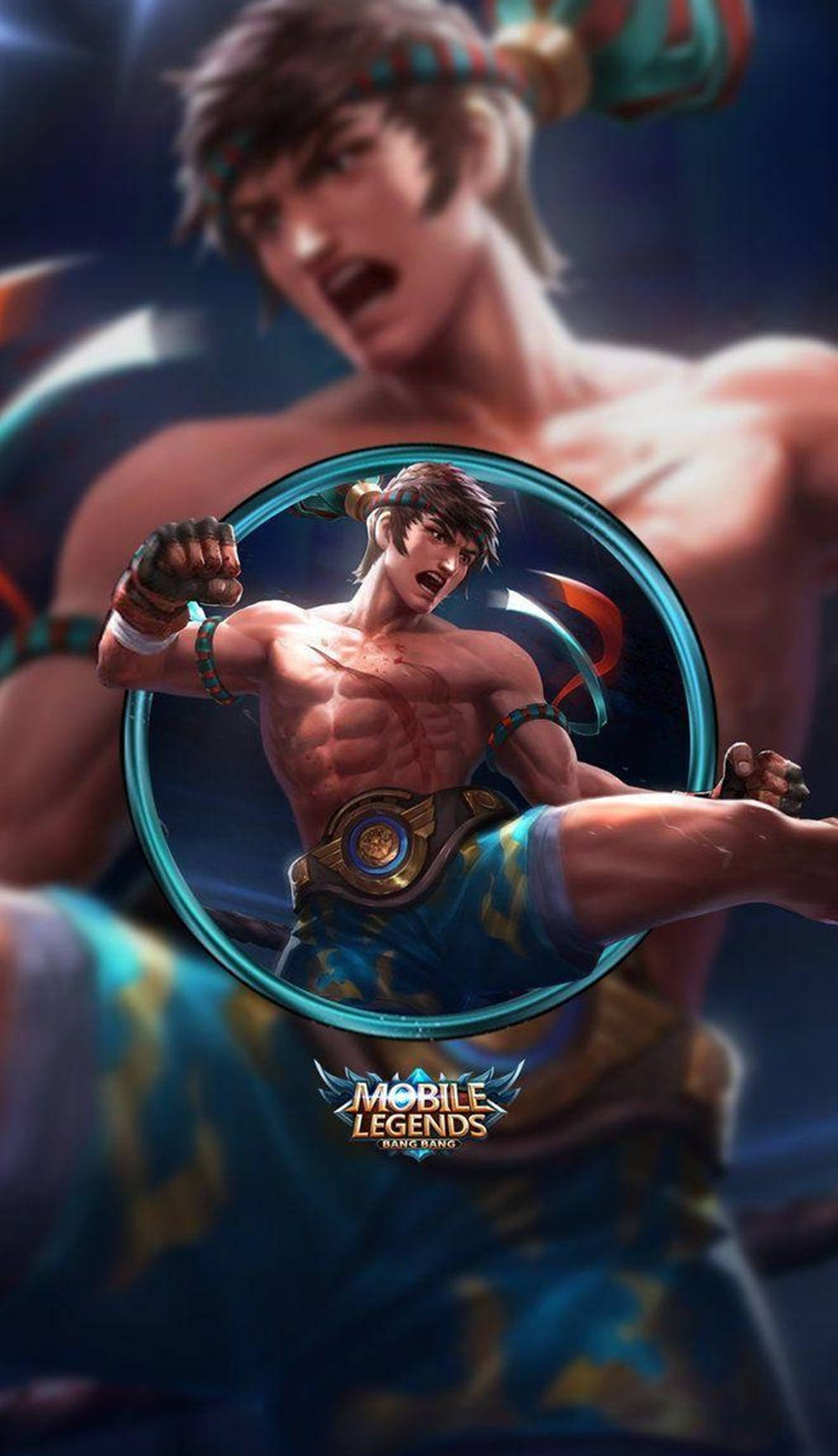 Mobile Legends 桌布 壁紙 — 一個肌肉發達的動漫戰士穿著藍色圖案服裝，在黑暗背景中發光的藍色圓圈內踢出強力一腳。