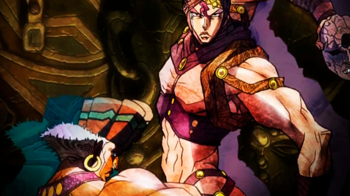 Pillar Men 桌布 壁紙 — 一個肌肉發達的動漫戰士身穿華麗盔甲，在昏暗的古老房間裡挑釁地站在倒下的敵人之上。