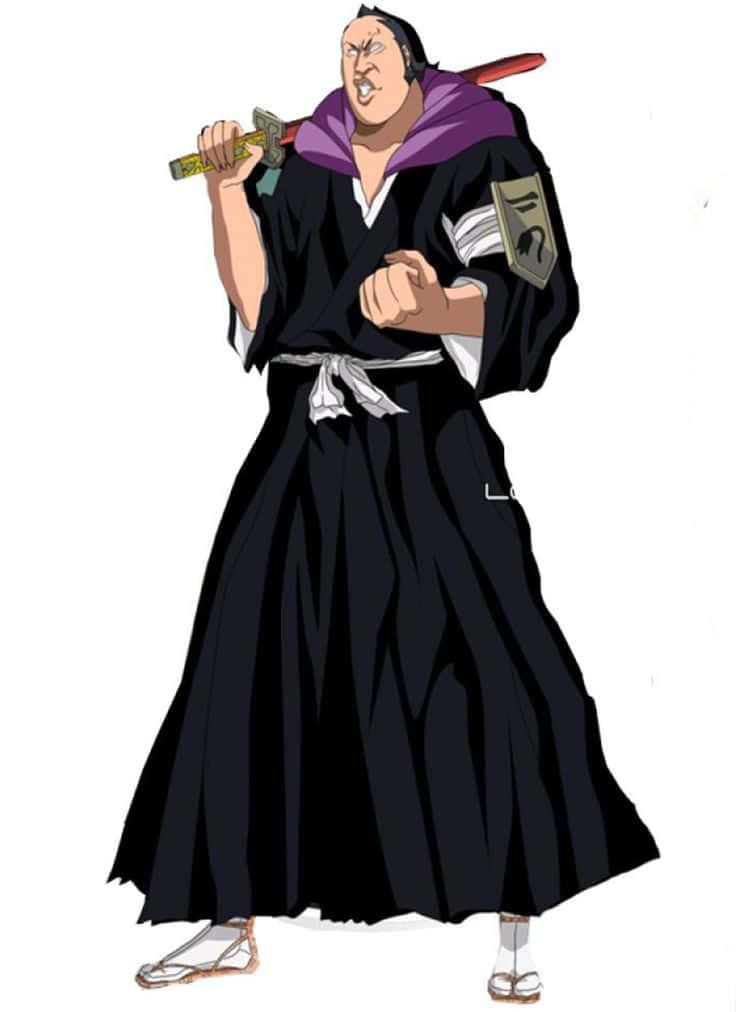 Marechiyo Omaeda 桌布 壁紙 — 一個肌肉發達的動漫武士，身穿黑色長袍和紫色圍巾，肩上扛著一把劍，表情兇猛。