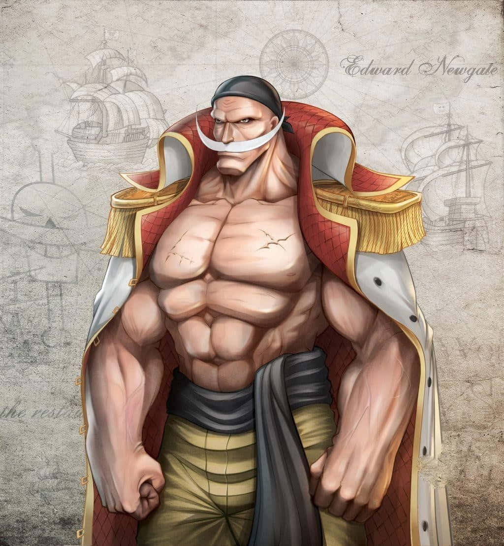 Edward Newgate 桌布 壁紙 — 一個肌肉發達的動漫海盜，留著白色鬍鬚，穿著紅色外套，勇敢地站在帶有船隻草圖的羊皮紙背景前。