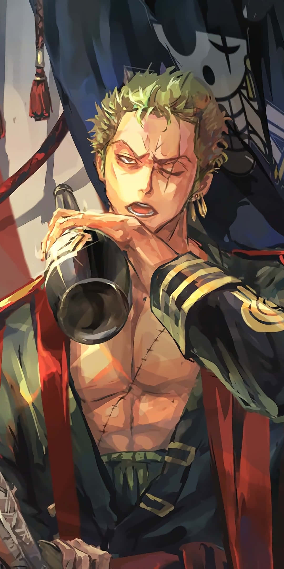 One Piece Characters 桌布 壁紙 — 一個肌肉發達的動漫海盜，綠色頭髮，胸口有疤痕，穿著紅色斗篷和船長外套，正在從瓶子裡喝酒。