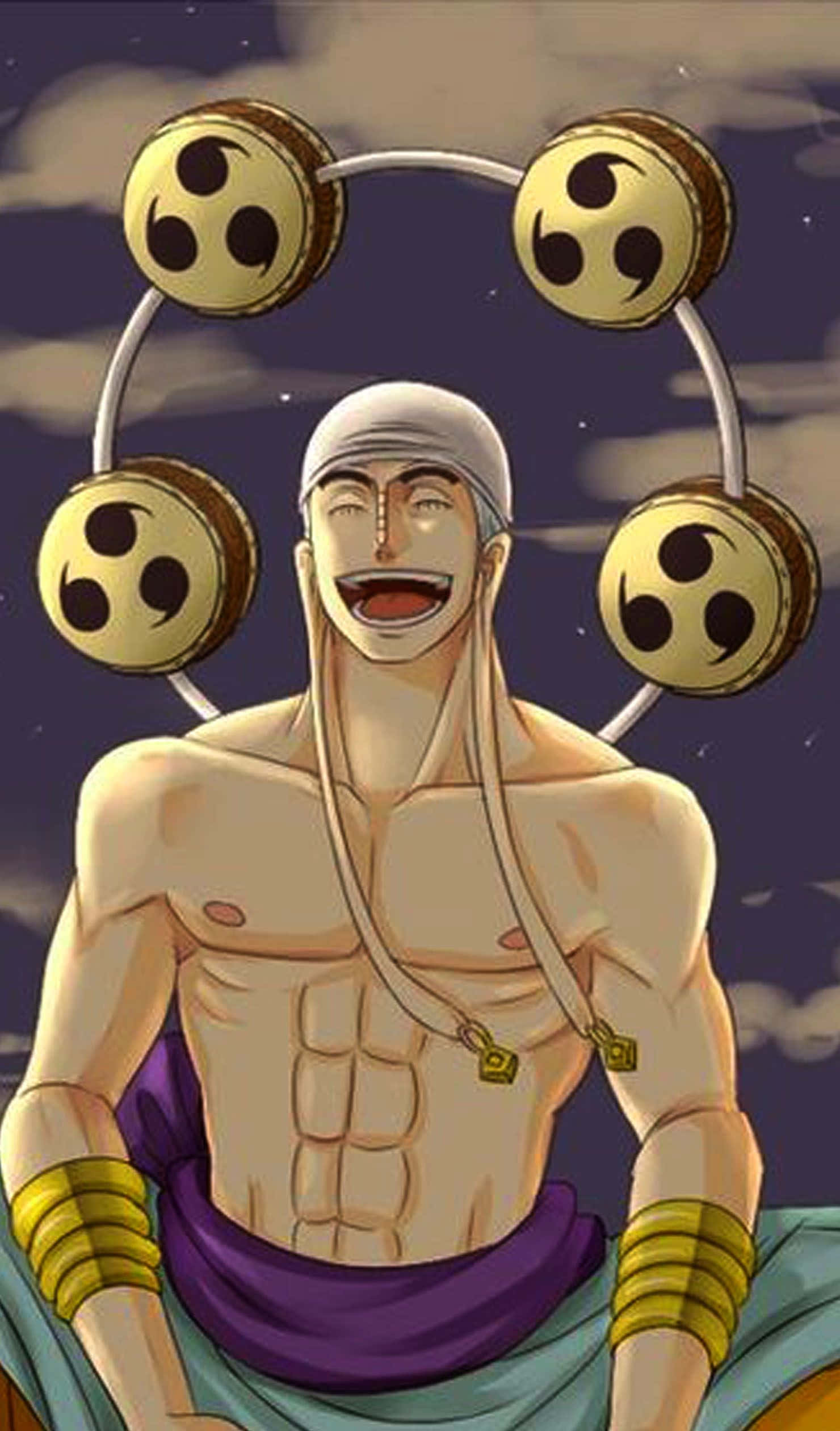 One Piece Enel 桌布 壁紙 — 一個肌肉發達的動漫男人，戴著白色頭帶，在星空下戴著四枚金色六式符號的項鍊，開懷大笑。