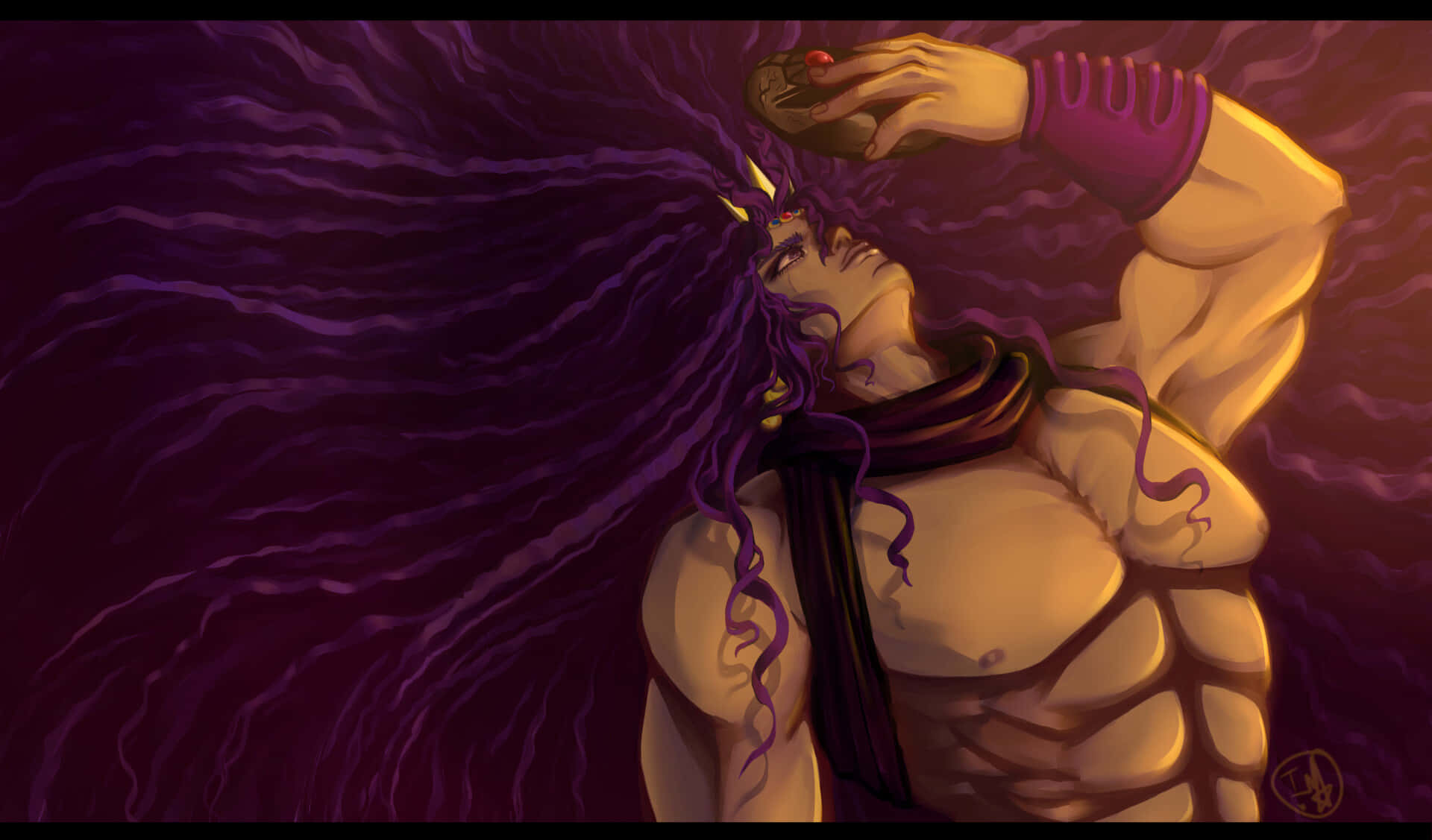 Jojo's Bizarre Adventure Kars 桌布 壁紙 — 一個肌肉發達的動漫男人，擁有飄逸的紫色頭髮和發光的眼睛，在旋轉的深紫色背景前拿著一個紅色球體。