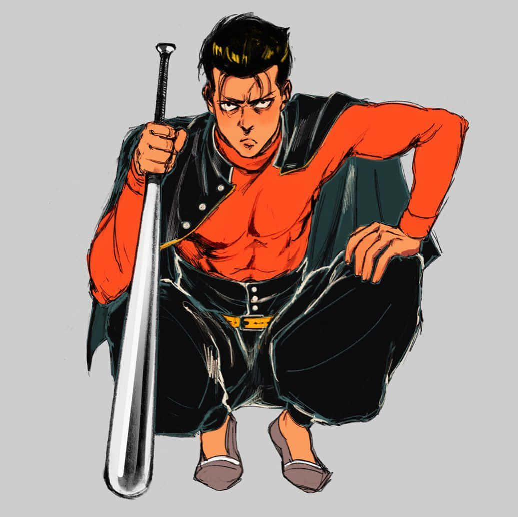 Metal Bat 桌布 壁紙 — 一個肌肉發達的動漫男人，穿著橙色襯衫和黑色背心，在純灰色背景上咄咄逼人地蹲著，手持棒球棍。
