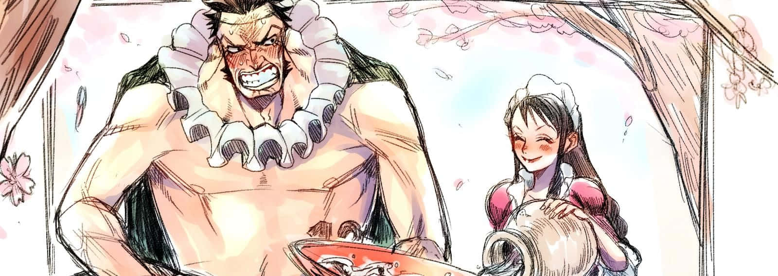 Baby 5 桌布 壁紙 — 一個肌肉發達的動漫男人，穿著荷葉邊領子，憤怒地瞪著眼，而一個微笑的女僕在櫻花下從壺中倒出液體。