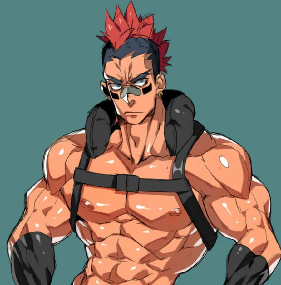 Tsumugu Kinagase 桌布 壁紙 — 一個肌肉發達的動漫男人，紅色刺蝟頭和黑色眼罩，在青綠色背景前強烈凝視。