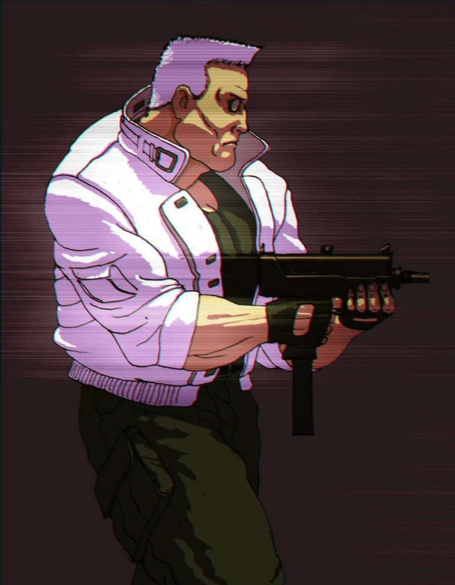 Ghost In The Shell Batou 桌布 壁紙 — 一個肌肉發達的動漫男人，紫色頭髮，在黑暗背景下以緊張、準備戰鬥的姿勢握著衝鋒槍。