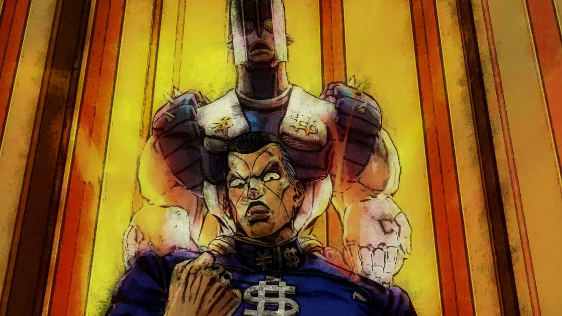 Okuyasu Nijimura 桌布 壁紙 — 一個肌肉發達的動漫男人，身穿帶有美元符號標誌的藍色西裝，被一個巨大的裝甲拳頭壓在金色條紋背景上。