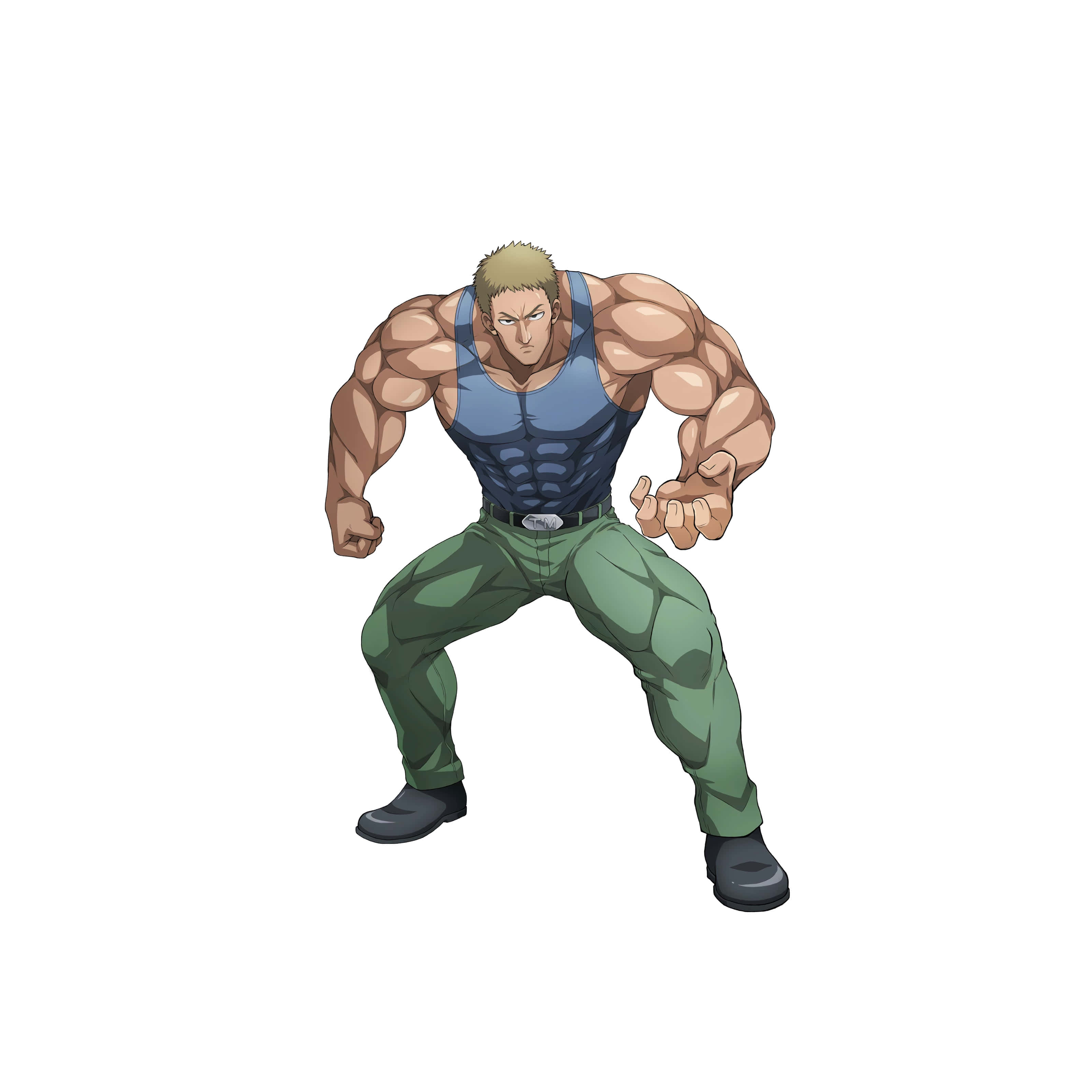 Tanktop Master 桌布 壁紙 — 一個肌肉發達的動漫男人，身穿藍色背心和綠色褲子，在白色背景前擺出強力的戰鬥姿勢。