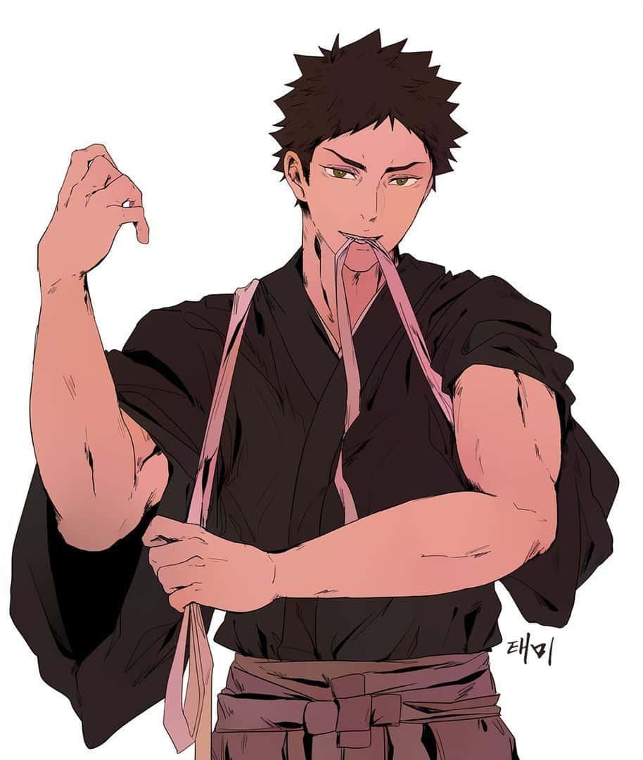 iwaizumi hajime 桌布 壁紙 — 一個肌肉發達的動漫男人，身穿黑色長袍配粉紅色腰帶，咬住絲帶同時在白色背景前彎曲二頭肌。