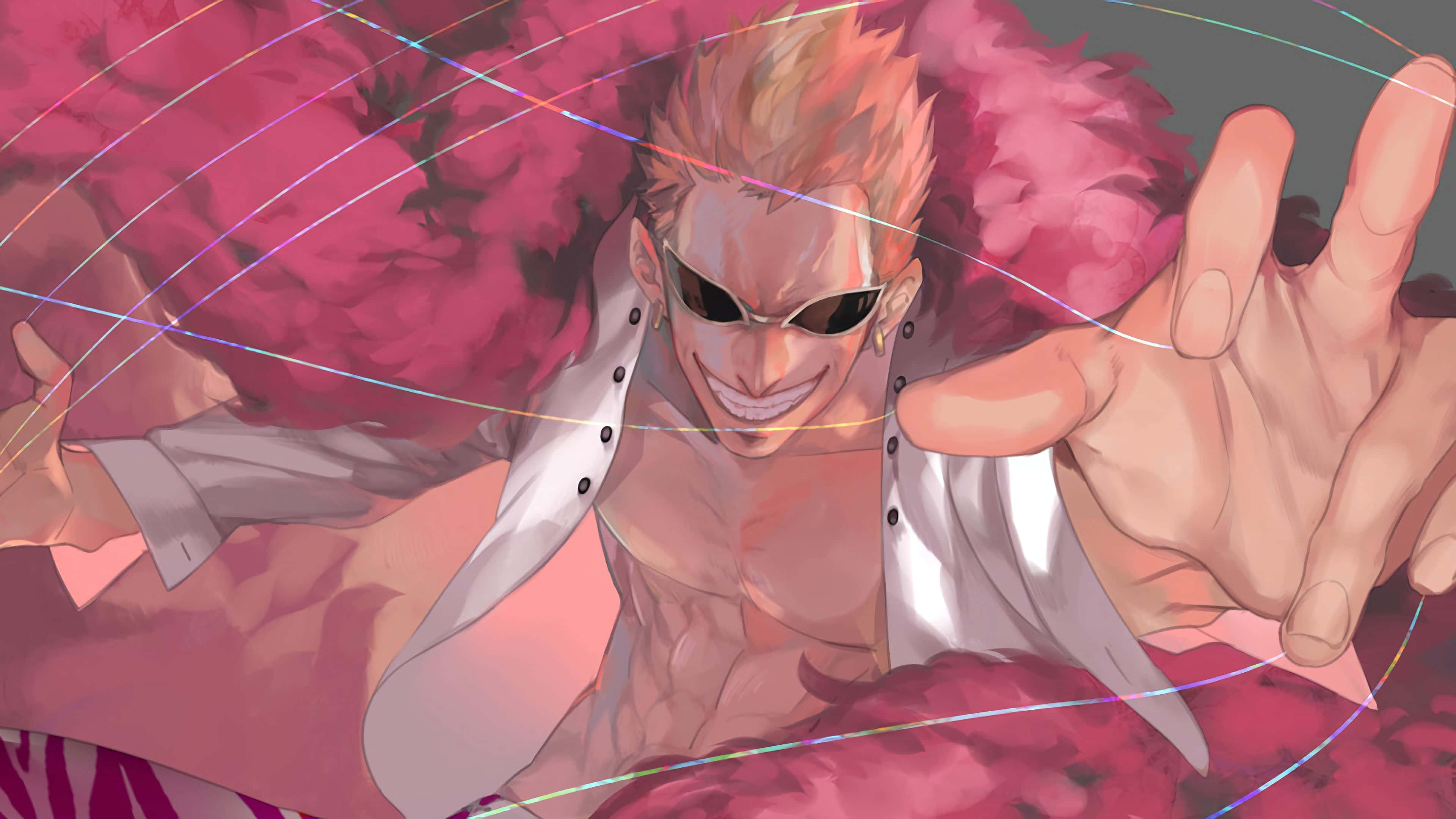 Donquixote Doflamingo 桌布 壁紙 — 一個肌肉發達的動漫男人，金色刺蝟頭，戴著太陽眼鏡，在旋轉的粉紅色背景和發光線條前咧嘴笑著伸出手。