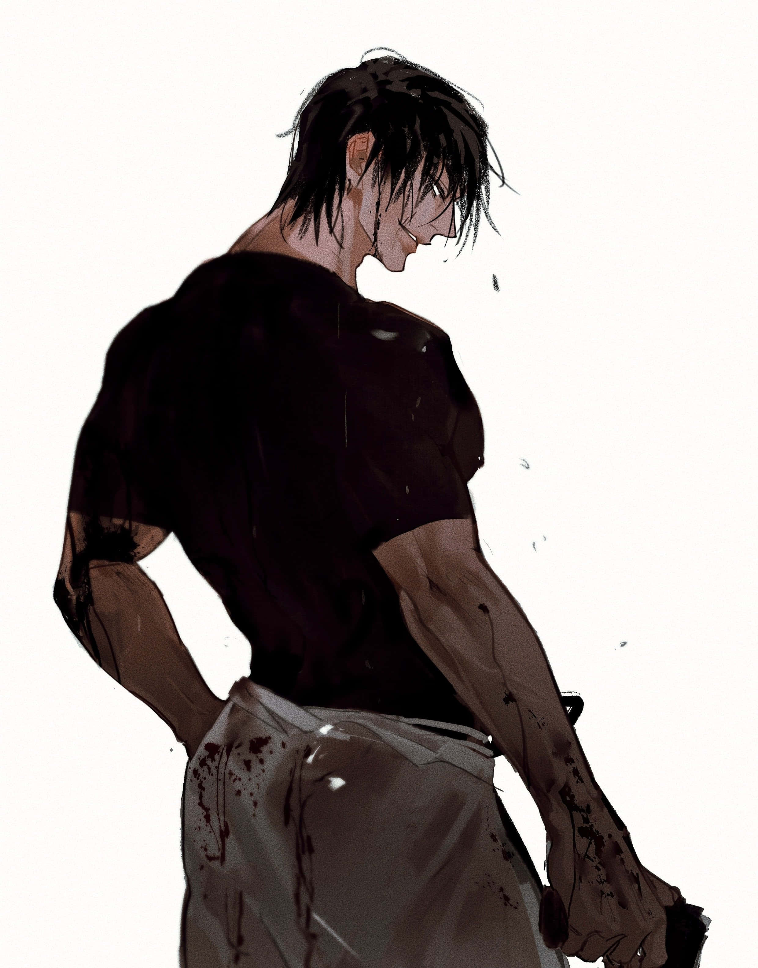 Toji Fushiguro 桌布 壁紙 — 一個肌肉發達的動漫男人，黑髮，衣服沾滿血跡，側身站在純白色背景前。
