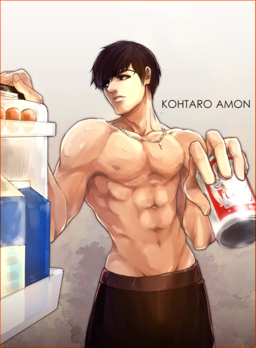 Koutarou Amon 桌布 壁紙 — 一個肌肉發達的動漫男人，黑髮，赤裸上身，拿著一罐汽水，同時打開雪櫃。