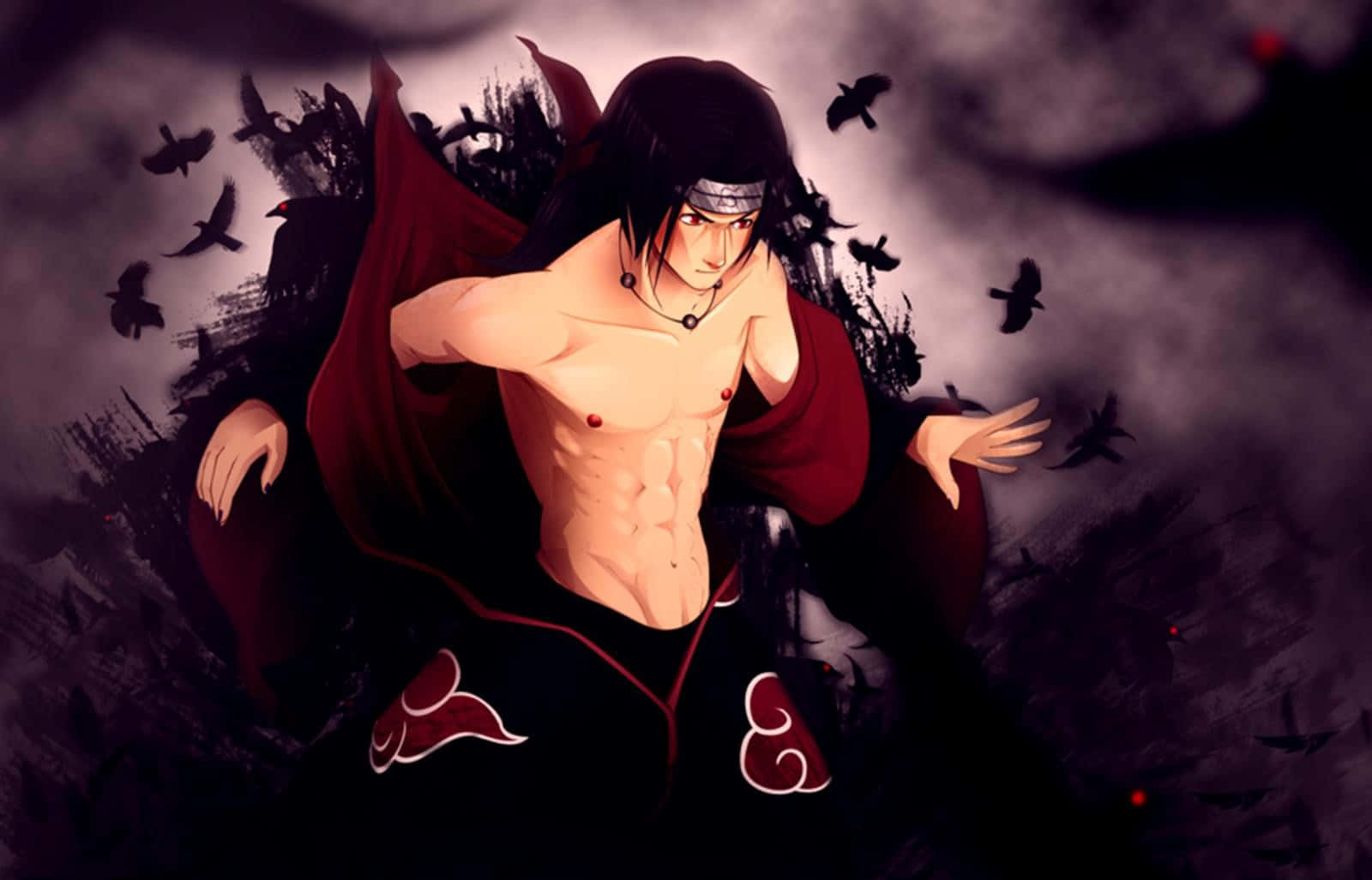 Itachi 桌布 壁紙 — 一個肌肉發達的動漫男人，黑髮紅斗篷，在暴風雨背景下，黑鳥圍繞他飛翔，他挑釁地站立著。