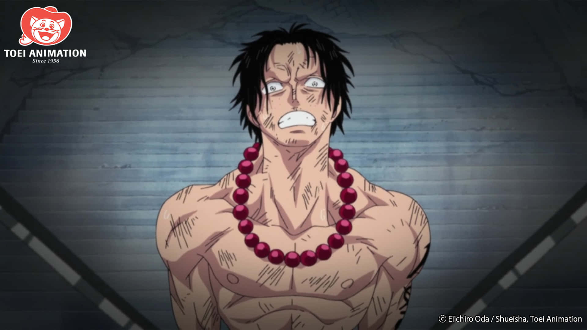 Marineford War 桌布 壁紙 — 一個肌肉發達的動漫男人，黑髮紅珠，對著裂開的灰色牆壁凝視。
