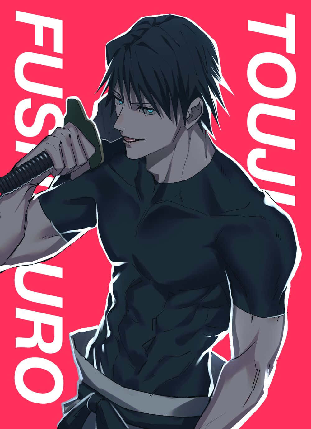 Toji Fushiguro 桌布 壁紙 — 一個肌肉發達的動漫男人，黑髮藍眼，在帶有白色文字的鮮紅色背景前握著一把武士刀。