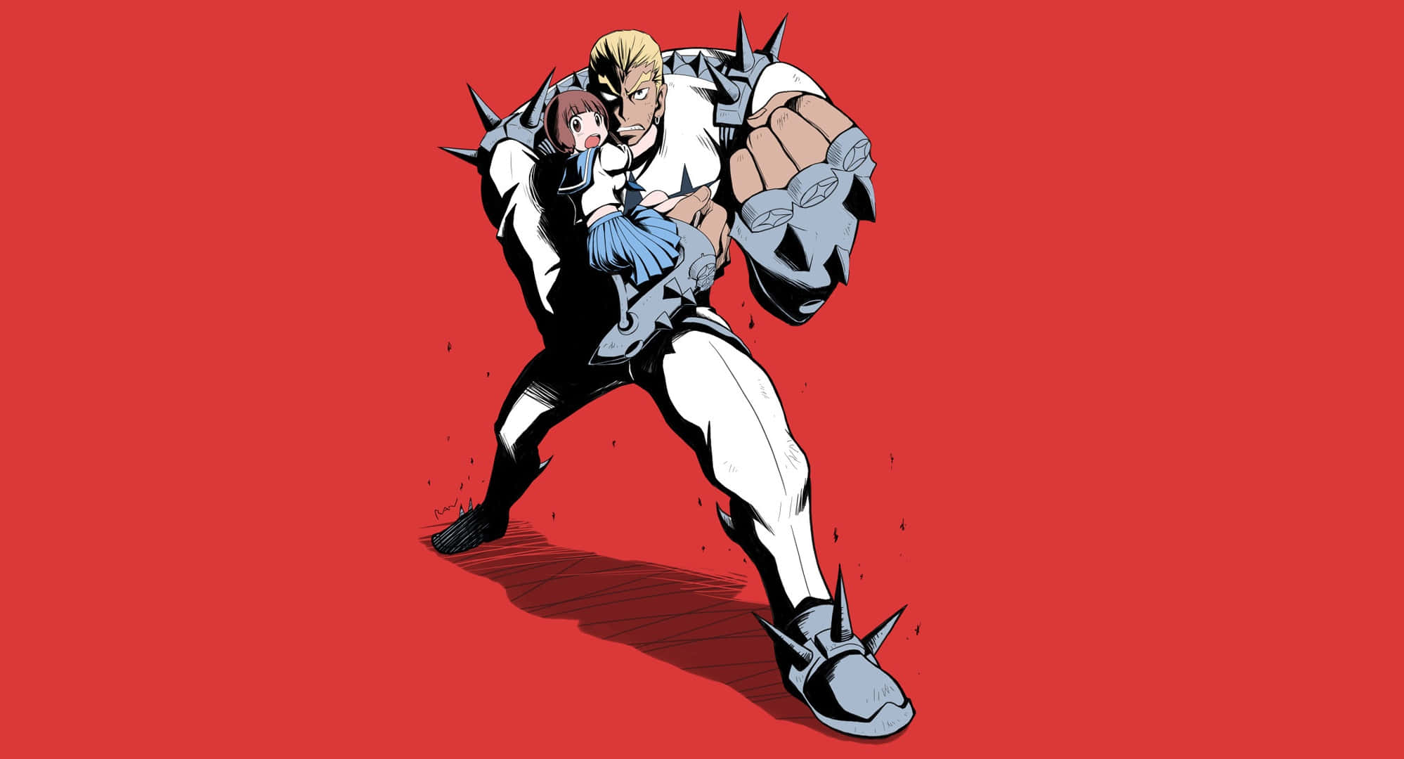 Ira Gamagoori 桌布 壁紙 — 一個肌肉發達的動漫男人穿著尖刺盔甲，在鮮紅色的背景前抱著一個小女孩。