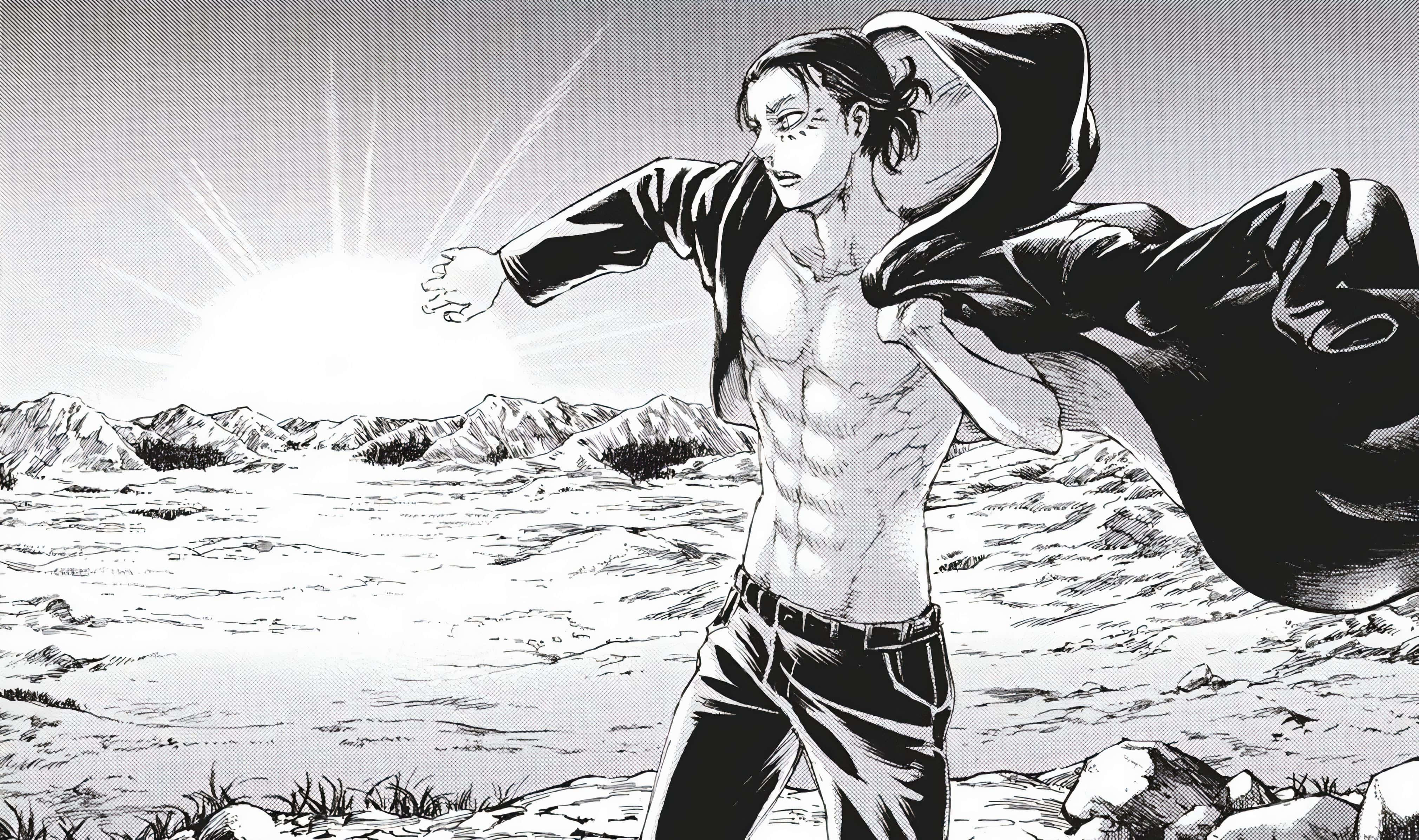 漫畫分鏡gif 桌布 壁紙 — 一個肌肉發達的動漫男人穿著破爛連帽衫，站在貧瘠的風景中，伸手朝向熾熱的太陽。
