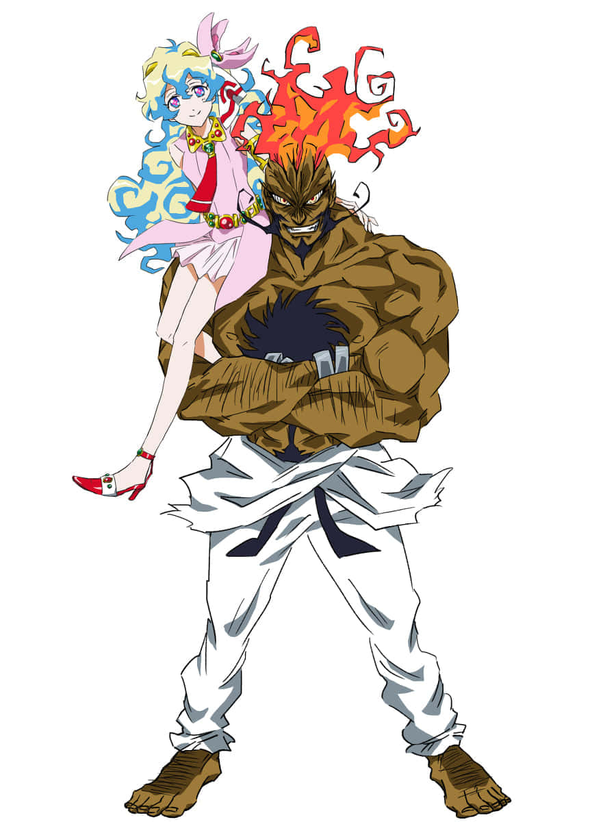 Lordgenome 桌布 壁紙 — 一個肌肉發達的動漫男子，有著火焰般的頭髮，和一個藍色頭髮、穿著粉紅色服裝的女子，自信地站在白色背景前。