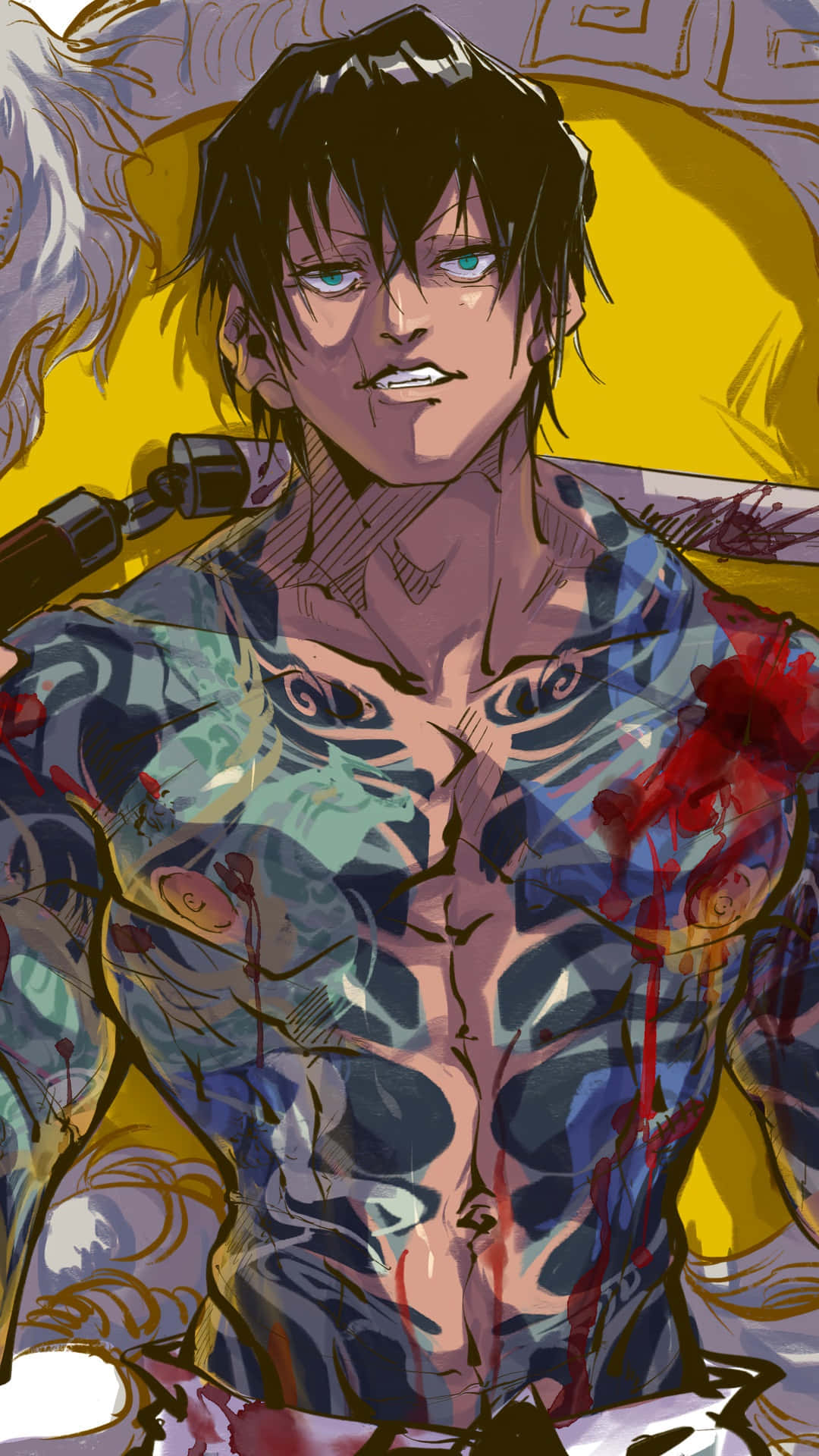 Toji Fushiguro 桌布 壁紙 — 一個肌肉發達的動漫男子，身上有紋身和血跡，在黃色背景前強烈地凝視。
